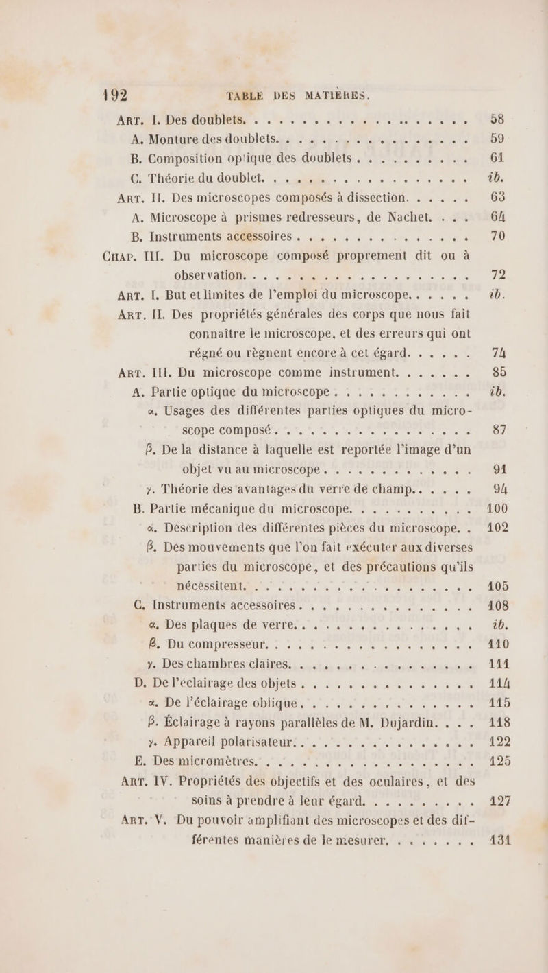 ARTE DES TOODIRME . 4 2 nets A, Montaréedes-doubletsss : à 68 je io gas re B. Composition optique des doublets. . , .. . .. .. G:Théorie du douDlét, ARR. . : 0. ART. Il. Des microscopes composés à dissection. . . . . . A. Microscope à prismes redresseurs, de Nachet. . . . B. Instruments Aepsvires. 2... . à . +. CHar. IIT, Du microscope composé sésrbetueit dit ou à observation. . PR 12, . . L3 ART. I. But etlimites de l'emploi id IMICTOSCODE, : «+ « « ART. Il. Des propriétés générales des corps que nous fait connaître le microscope, et des erreurs qui ont régné ou règnent encore à cet égard. . . . , . ART. III, Du microscope comme instrument. À, Partie optiquedu micfoscope : » : 5 : : : : . » x, Usages des différentes parties optiques du micro- CODE COMPOSENT es ee se B. De la distance à laquelle est reportée l’image d’un ODjel VU AU THICTOSCOPÉ . «+ à» +. « 0 L L LI . 7. Théorie des'avantages du verre de champ... , . . PB. Patile mécanique du MiICFOSCOPe. à... à a, Description des différentes pièces du microscope. . B. Des mouvements que l’on fait exécuter aux diverses parties du microscope, et des précautions qu’ils HécésSe an. ° CEE . . ee Sr Su € LAC à CLS IEUMENTS ACCÉSSDIMOSS à ue + + à à + eue à + » Des plaques de mére). 6 00: +. 6, Du compresseur. : : : : : . . 7. Des chambres claires. D. De l'éclairage des objets . LA L2 L . . . L L . L . L2 L Li LA L e L . LA . L2 L2 L L . L . L2 L L L1 L L2 L L LL L « De l'éclairage oblique, . CE CI C2 L ° . B. Éclairage à rayons parallèles de M. Dujardin. D Appareil polatidatedrs Sa Sd E. Des micromètres. LI L e L] + LU +. ” 0] 2, 19/07 Se0 9) re ART, IV. Propriétés des objectifs et hé oculaires, et des soins'a prénûre à leur égard. . . . . « ART. V, Du pouvoir amplifiant des microscopes et des dif- féréntes manières de le mesurer, , . , . . . 87 91 94 100 102 105 108 tb. 110 1114 114 115 118 122 125 127 131