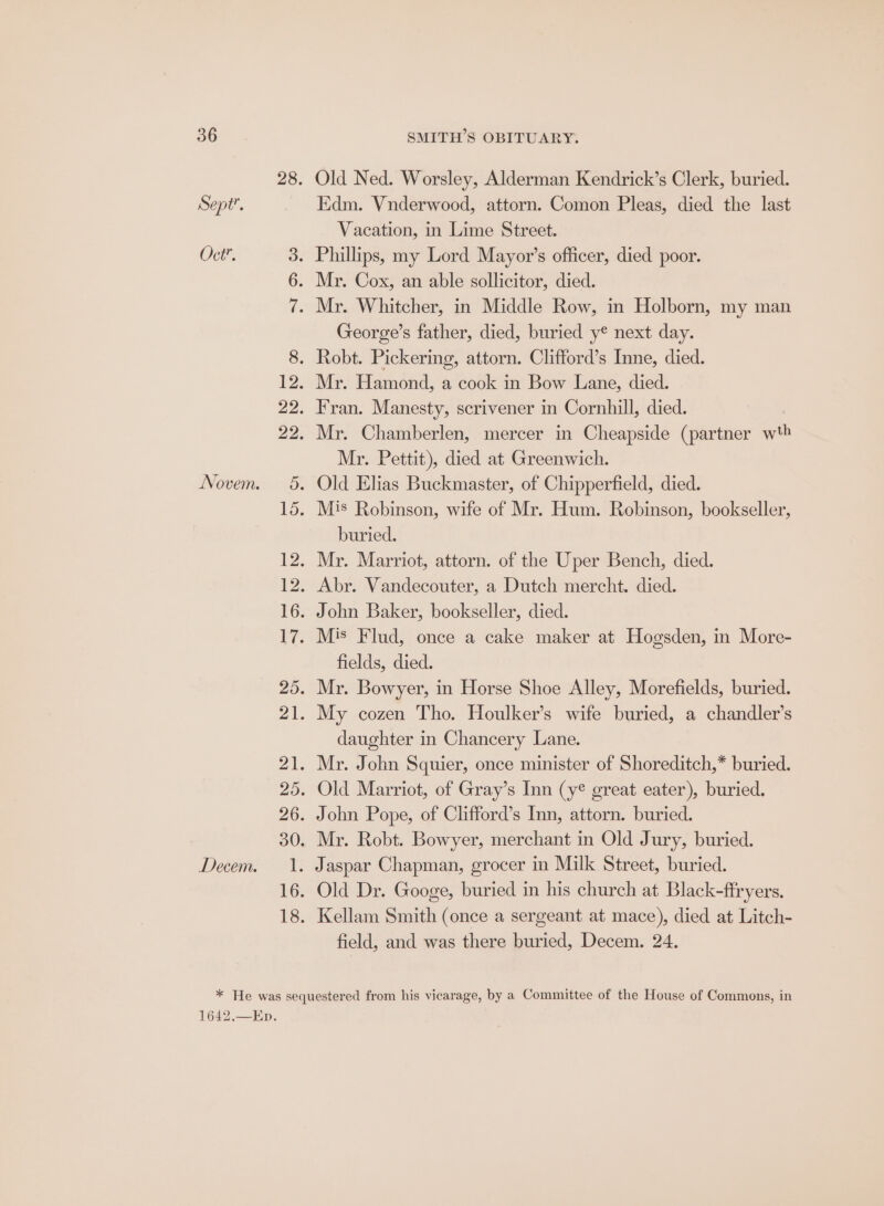 Sept. Oct. Novem. Decem. Old Ned. Worsley, Alderman Kendrick’s Clerk, buried. Edm. Vnderwood, attorn. Comon Pleas, died the last Vacation, in Lime Street. George’s father, died, buried y® next day. Mr. Pettit), died at Greenwich. buried. fields, died. daughter in Chancery Lane. field, and was there buried, Decem. 24. 1642.—Eb.