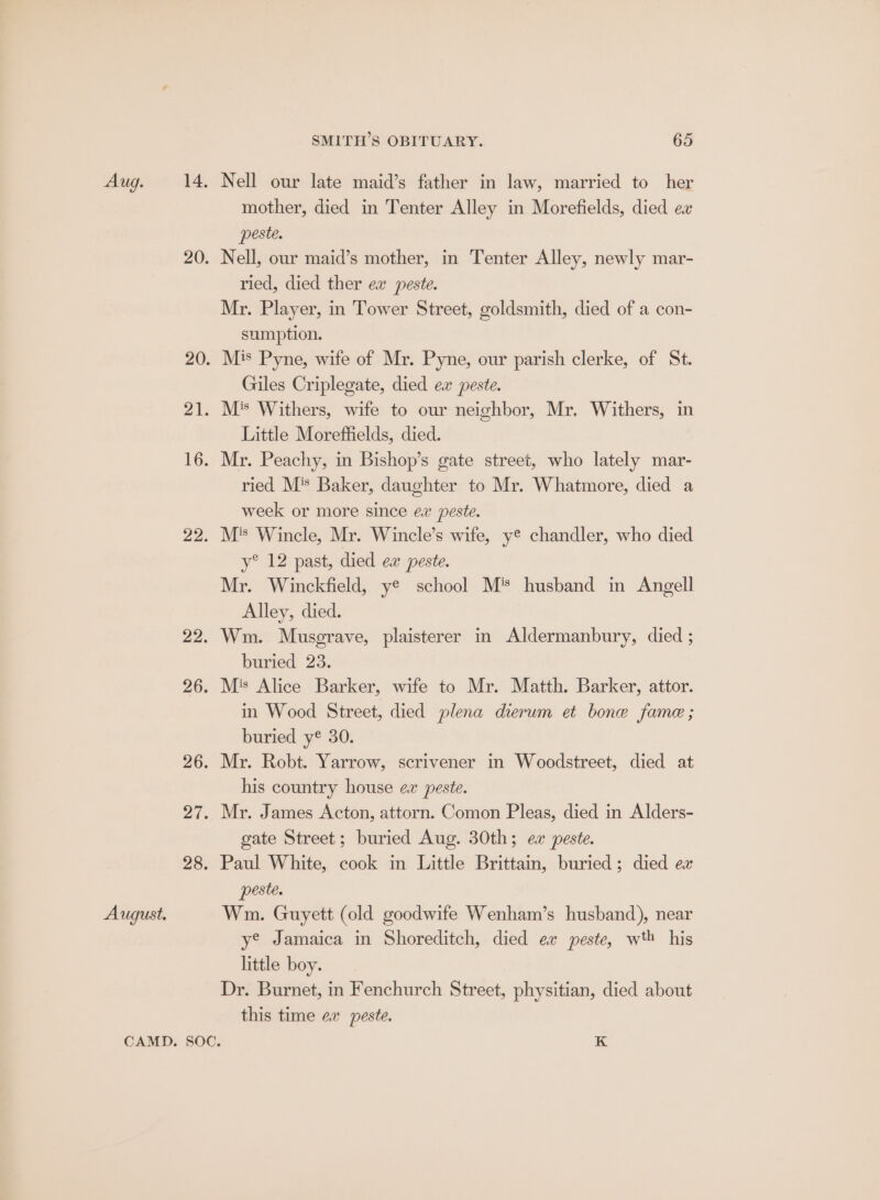 August. Nell our late maid’s father in law, married to her mother, died in Tenter Alley in Morefields, died ex peste. Nell, our maid’s mother, in Tenter Alley, newly mar- Mr. Player, in Tower Street, goldsmith, died of a con- sumption. Mis Pyne, wife of Mr. Pyne, our parish clerke, of St. Giles Criplegate, died ea peste. M* Withers, wife to our neighbor, Mr. Withers, in Little Moreffields, died. Mr. Peachy, in Bishop’s gate street, who lately mar- ried M's Baker, daughter to Mr. Whatmore, died a week or more since ex peste. M*® Wincle, Mr. Wincle’s wife, ye chandler, who died Mr. Winckfield, ye school M®* husband in Angell Alley, died. Wm. Musgrave, plaisterer in Aldermanbury, died ; buried 23. Mis Alice Barker, wife to Mr. Matth. Barker, attor. in Wood Street, died plena dierum et bone fame; buried y® 30. Mr. Robt. Yarrow, scrivener in Woodstreet, died at his country house ex peste. Mr. James Acton, attorn. Comon Pleas, died in Alders- gate Street; buried Aug. 30th; ex peste. Paul White, cook in Little Brittain, buried; died ex peste. Wm. Guyett (old goodwife Wenham’s husband), near ye Jamaica in Shoreditch, died ex peste, wth his little boy. Dr. Burnet, in Fenchurch Street, physitian, died about this time ex peste.