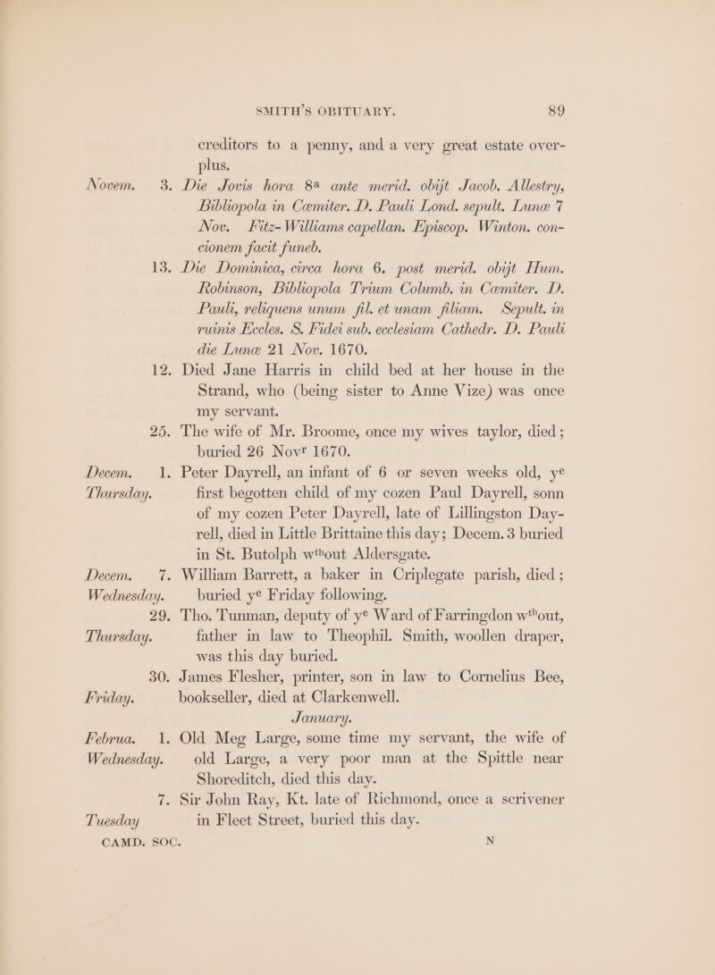 Novem. 3. 3 12; 2. Decem. 1. Thursday. Decem. re Wednesday. 29. Thursday. 30. Friday. Februa. 1. Wednesday. ie Tuesday SMITH’S OBITUARY. 89 creditors to a penny, and a very great estate over- plus. Die Jovis hora 8 ante merid. obyt Jacob. Allestry, Biblhopola in Cenuter. D. Pauli Lond. sepult. Lune 7 Nov. Fitz- Williams capellan. Episcop. Winton. con- cronem facit funeb. Tne Domnanica, circa hora 6. post merid. obit Hum. Robinson, Bibhopola Trium Columb. in Cenuter. D. Paul, relhiquens unum fil. et unam fitam. Sepult. in ruus Eecles. S. Fidei sub. ecclesitam Cathedr. D. Pauli die Lune 21 Nov. 1670. Died Jane Harris in child bed at her house in the Strand, who (being sister to Anne Vize) was once my servant. The wife of Mr. Broome, once my wives taylor, died ; buried 26 Novr 1670. Peter Dayrell, an infant of 6 or seven weeks old, ye first begotten child of my cozen Paul Dayrell, sonn of my cozen Peter Dayrell, late of Lillingston Day- rell, died in Little Brittaine this day; Decem.3 buried in St. Butolph wttout Aldersgate. William Barrett, a baker in Criplegate parish, died ; buried ye Friday following. Tho. Tunman, deputy of y° Ward of Farringdon wtout, father in law to Theophil. Smith, woollen draper, was this day buried. James Flesher, printer, son in law to Cornelius Bee, bookseller, died at Clarkenwell. January. Old Meg Large, some time my servant, the wife of old Large, a very poor man at the Spittle near Shoreditch, died this day. Sir John Ray, Kt. late of Richmond, once a scrivener in Fleet Street, buried this day.