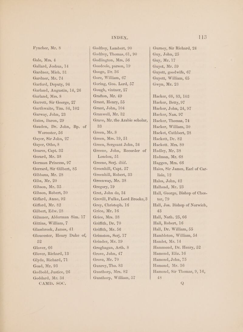 Gale, Mrs, 4 Gallard, Joshua, 14 Gardner, Mich. 31 Gardner, Mr. 74 Garford, Deputy, 94 Garland, Augustin, 14, 26 Garland, Mrs. 8 Garrett, Sir George, 27 Garthwaite, Tim. 84, 102 Garway, John, 23 Gates, Baron, 29 Gauden, Dr. John, Bp. of Worcester, 56 Gayer, Sir John, 27 Gayer, Otho, 8 Geares, Capt. 32 Gerard, Mr. 38 German Princess, 97 Gerrard, Sir Gilbert, 85 Gibbons, Mr. 28 Gibs, Mr, 20 Gibson, Mr. 35 Gibson, Robert, 30 Giffard, Anne, 92 Gifford, Mr. 82 Gilbert, Edw. 28 Gilmner, Alderman Sim. 17 Gittins, William, 7 Glassbrook, James, 41 Gloucester, Henry Duke of, 52 Glover, 66 Glover, Richard, 13 Glyde, Richard, 71 Goad, Mr. 93 Godbold, Justice, 26 Goddard, Mr. 34 CAMD. SOC. INDEX, Godfrey, Thomas, 61, 90 Godlington, Mrs, 56 Goodcole, parson, 19 Googe, Dr. 36 Gore, William, 67 Goring, Geo. Lord, 57 Gough, vintner, 27 Grafton, Mr. 49 Grant, Henry, 55 Grant, John, 104 Granwell, Mr. 32 Grave, Mr. the Arabic scholar, 33 Green, Mr. 8 Green, Mrs. 19, 51 Green, Sergeant John, 34 Greene, John, Recorder of London, 51 Greene, Serj. zed. Greenhill, Capt. 57 Greenhill, Robert, 33 Greenway, Mr. 38 Gregory, 19 Gret, John de, 34 Grevill, Fulke, Lord Brooke, 3 Grey, Christoph. 16 Grice, Mr. 16 Grice, Mrs. 38 Griffith, Dr. 70 Griffith, Mr. 56 Grimston, Serj. 17 Grinder, Mr. 39 Groghagan, Arth, 8 Grove, John, 47 Grove, Mr. 70 Gunrey, Tho. 83 Gunthorp, Mrs. 82 Gunthorp, William, 57 L128 Guy, John, 25 Guy, Mr. 17 Guyet, Mr. 59 Guyett, goodwife, 67 Guyett, William, 65 Gwyn, Mr. 28 Hacker, 68, 83, 103 Hacker, Betty, 97 Hacker, John, 24, 97 Hacker, Nan. 97 Hacker, Thomas, 74 Hacker, William, 30 Hacket, Cuthbert, 28 Hackett, Dr. 82 Hackett, Mrs. 80 Hadley, Mr. 38 Hadman, Mr. 68 Haggen, Mrs. 66 Haies, Sir James, Earl of Car- lisle, 12 Hales, John, 42 Halhead, Mr. 23 Hall, George, Bishop of Ches- ter, 79 Hall, Jos. Bishop of Norwich, 43 Hall, Nath. 25, 66 Hall, Robert, 16 Hall, Dr. William, 55 Hambleton, William, 54 Hamlet, Mr. 14 Hammond, Dr. Henry, 52 Hamond, Eliz. 16 Hamond, John, 75 Hamond, Mr. 36 Hamond, Sir Thomas, 9, 16, 48 Q
