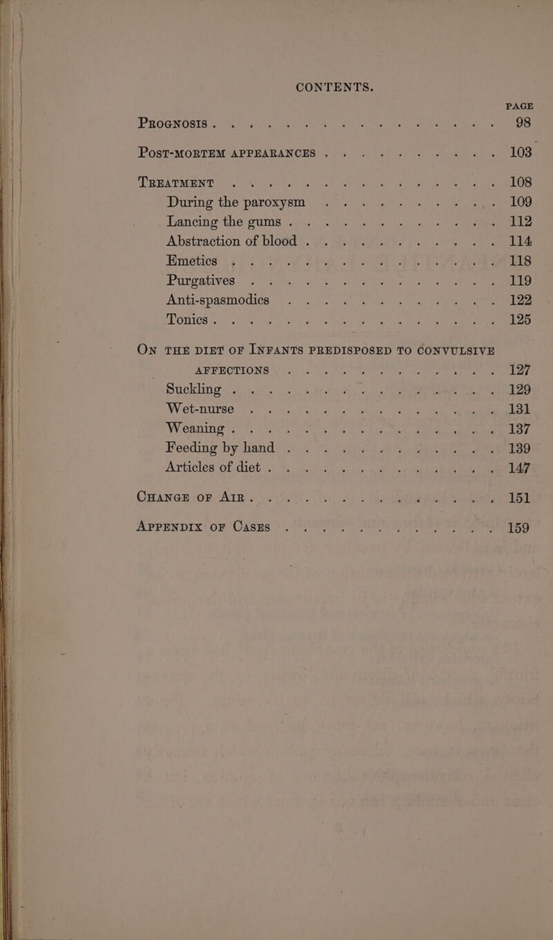 PAGE PROEROSIC SOs) he ae ee ee ee Cee es POsTt-MORTEM APPEARANCES) 04-50 6 oe ee at oe? 2 es TP RRATMENT 35 S40 bo Lot eer daa Go. tet ee oa ees be ce eee Purine the paroxysra Vn) ost, Gs 8 ae Dancing the gums\.y)-) © gland r= eek ee Abstraction of-bldads. fo shiG fit}. ¥.5 oo 2 ee Himatios .¢ 73 TF 2bh bE Ee ie Purgatives <0 i: #2) 6082 ok heh at at ee Anti-spastnodicg «...° 0. 2 io care sees “Fb ae es PONIES Oe ae ky oad eee ee ON THE DIET OF INFANTS PREDISPOSED TO CONVULSIVE . APFMCTIONS Wis: Sj) c0 feo oa ea eee Duckling: eee sw teak ave vn ee eee eee nal ee AW eb-urse 265 spn hue Ser Seige |e a's oe Weaning s) luvs mes. 6» Last cae eae Rae Peeding by-hand<y1.0 fy 207) Biases eee Articles’ pf.diet...) .) 0.0 co: bto ep a ayeskies Seehaeaae ae Om Aner on ATR specs. 61, 6! . lage pe ies pane Apprnprx: or Ousms =. Pe ee? Se ee