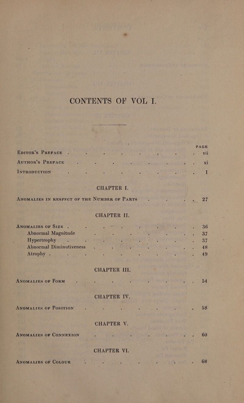 CONTENTS OF VOL TI. PAGE Epitor’s PrReFAcE . : : ; : ; : ae AuTHOR’S PREFACE . ; 4 . : ‘ aoe xi INTRODUCTION 5 ‘ ; , P ; ° , I CHAPTER I. ANOMALIES IN RESPFCT OF THE NUMBER OF PARTS : ; a a | CHAPTER II. ANOMALIES OF Siz . j ‘ : : F : wnt 36 Abnormal Magnitude ‘ ‘ F : ; pee ae Ys Hypertrophy ; f : : I lle : Peat ¥f Abnormal Diminutiveness . ; : , j rite 48 Atrophy . ; ; ‘ . : ; : ee CHAPTER III. ANOMALIES OF ForRM : ? F ; k : oe ae CHAPTER IV. ANOMALIES OF PosITION ; 3 ; ; 4 : A 58 CHAPTER V. ANOMALIES OF CONNEXION : : , : , ed OO CHAPTER VI. ANOMALIES OF COLOUR r g ; ‘ 7 3 68