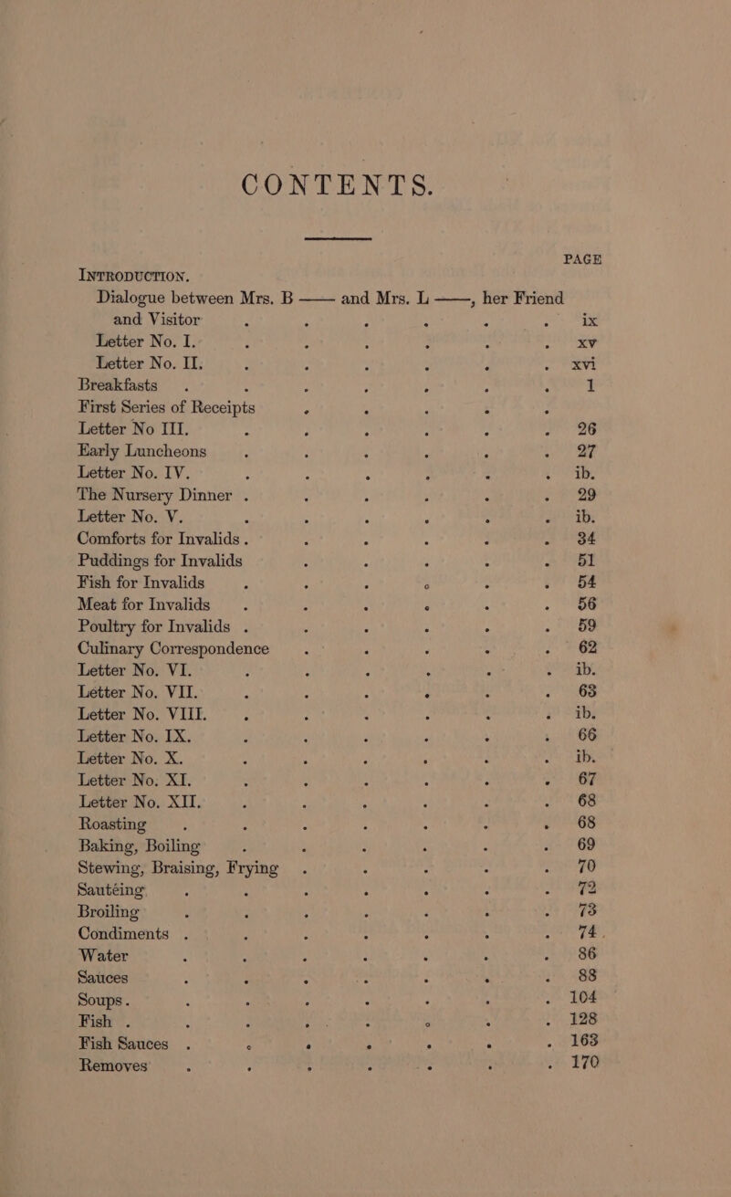 CONTENTS. PAGE INTRODUCTION. Dialogue between Mrs. B and Mrs. L , her Friend and Visitor 2 . F : : : ix Letter No. I. i : : : s ble Letter No. II, : e : r ‘ . Peeet Breakfasts . : . ; . 1 First Series of Reecivic : . ; F ; Letter No III. : ; : : A 46 Early Luncheons : ‘ : é : « SF Letter No. IV. : - : : : . OH The Nursery Dinner . : : : . ae ee Letter No. V.  K “ é ‘ of 2B Comforts for Invalids . : - ; 3 - d4 Puddings for Invalids A : ‘ : &amp; GE Fish for Invalids P : P 2 : ; 64 Meat for Invalids ; ts 6 ‘ 3 oe Poultry for Invalids . ; : 5 . re Culinary Correspondence . ‘ : : Se ae Letter No. VI. A i ‘ . 3 Sadtens | Letter No. VII. : : ¢ ; f . 63 Letter No. VIII. ; F ; 2 ‘ a!) “ab, Letter No. IX. : : é  s &gt; 66 Letter No. X. : ; ‘ . wo ERR Letter No: XI. : 3 i : : gh Letter No. XII, } : * . : ee aS Roasting : - : : ; - « “68 Baking, Boiling : : - . - a+ GF Stewing, Braising, rete é i ; . rete Sautéing 5 : : - c wt OE Broiling . : ; ; : ; fe OPTS Condiments . é . - , Aakier i Water é . A g ; «SG Sauces A 3 “ “e : at . 88 Soups. ' : ‘ F ‘ ‘ . 104 Fish . i 3 wi ge: : ~ : - 128 Fish Sauces . 3 Fs fs . 168 Removes - ; : . Hy : . 170