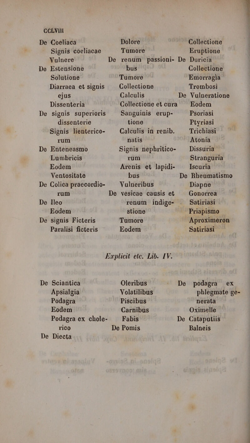 De Coeliaca Signis coeliacae Vulnere De Estensione Solutione ° Diarraea et signis ejus Dissenteria De signis superioris dissenterie Signis lienterico- rum De Enteneasmo Lumbricis Eodem Ventositate De Colica praecordio- rum De Ileo Eodem De signis Ficteris Paralisi ficteris De Sciantica Apsialgia Podagra Eodem Podagra ex chole- Dolore Collectione Tumore Eruptione De renum passioni- De Duricia bus Collectione Tumore Emorragìa Collectione Trombosi Calculis De Vulneratione Collectione et cura —Eodem Sanguinis erup- Psoriasi tione Ptyriasi Galculis in renib. Trichiasi natis Atonia Signis nephritico- Dissuria rum Stranguria Arenis et lapidi- Iscuria bus De Rheumatismo Vulneribus Diapne De vesicae causis et Gonorrea renum indige- Satiriasi stione Priapismo Tumore Aproximeron Eodem Satiriasi Explicit etc. Lib. IV. Oleribus De podagra ex Volatilibus phlegmate ge- Piscibus nerata Carnibus Oximelle Fabis De Cataputiis De Pomis Balneis rico De Diecta