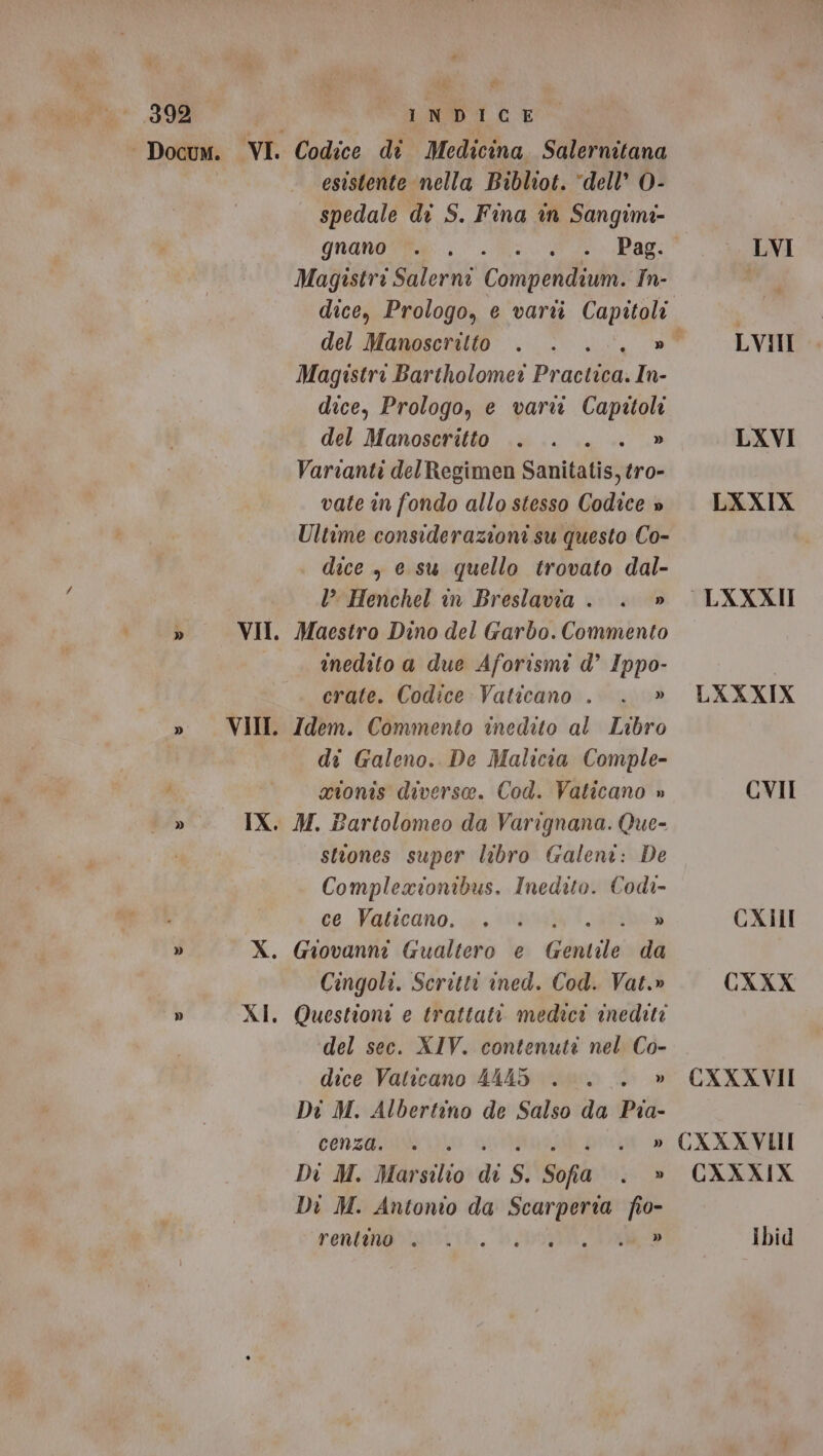 - Docum. pi esistente nella Bibliot. dell’ O- spedale di S. Fina în Sangimi- gnanofbe: &gt;. Pag: Magistri Salerni Compendium. In- dice, Prologo, e varti Capitoli Magistri Bartholomer Practica. In- dice, Prologo, e vartt Capitoli del Manoscritto . .. . » Varianti delRegimen Sanitatis, tro- vate in fondo allo stesso Codice » Ultime considerazioni su questo Co- dice , e su quello trovato dal- l Henchel in Breslavia . . » Maestro Dino del Garbo. Commento inedito a due Aforismi d’ Ippo- crate. Codice Vaticano . . » di Galeno. De Malicia Comple- axionis diverse. Cod. Vaticano » stones super libro Galeni: De Complexionibus. Inedito. Codi- ce Vaticano, . . » Cingoli. Scritti ined. Cod. Vat.» Questioni e trattati medici inediti del sec. XIV. contenuti nel Co- dice Vaticano 4445 .°. . » Di M. Albertino de Salso da Pia- cenza. i. ut » Di M. Marsilio di S. Sofia Vo, Di M. Antonio da Scarperwa ti PERIUAEATI A, RSA, È LVI LVII LXVI LXXIX LXXXII LXXXIX CVII CXIII CXXX CXXXVII CXXAVIII CAXXIX Ibid