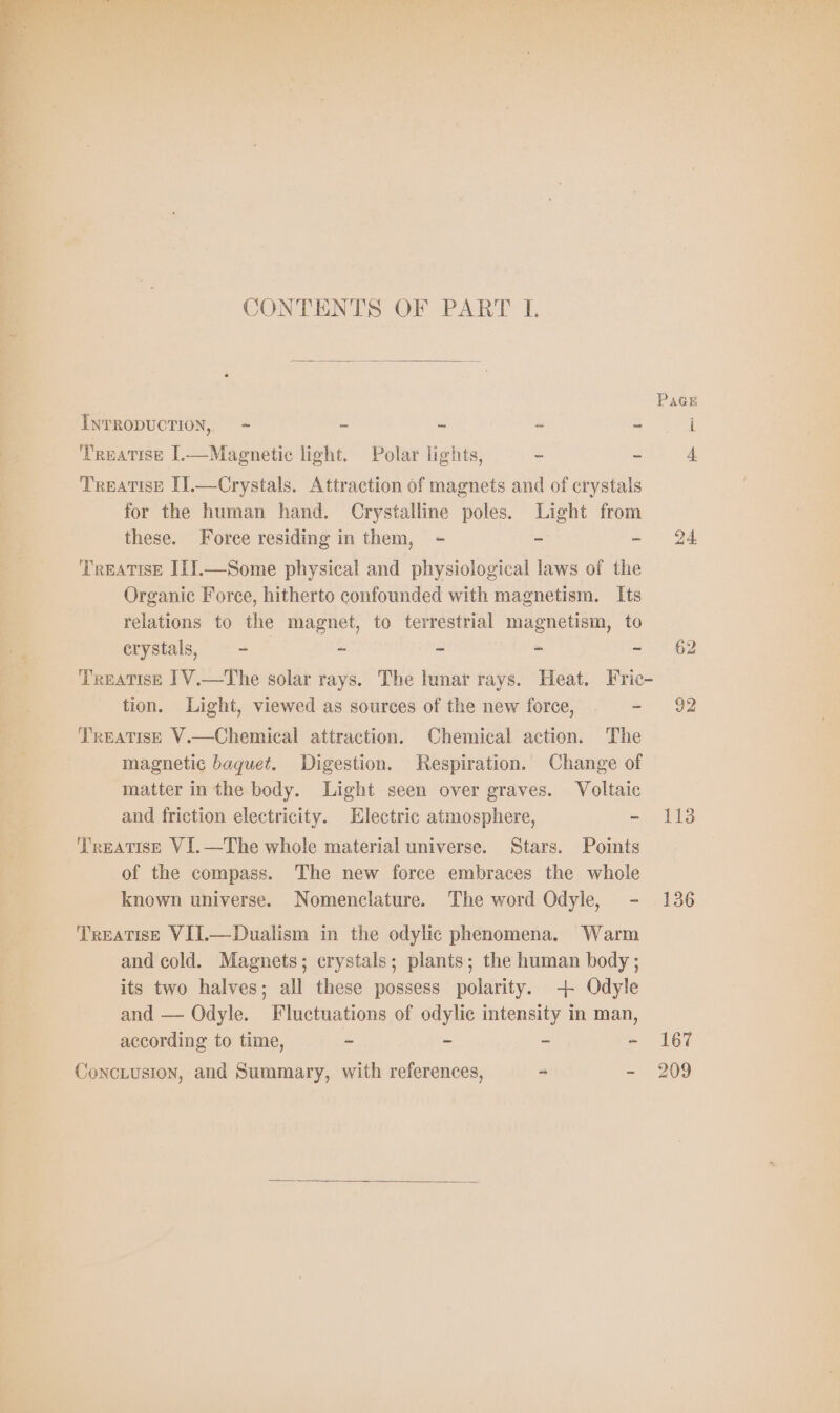 Pace INTRODUCTION, = - - - ne Treatise I.—Magnetie light. Polar lights, . - 4 Treatise II.—Crystals. Attraction of magnets and of crystals for the human hand. Crystalline poles. Light from these. Force residing in them, - - - 24 Treatise III.— Some physical and physiological laws of the Organic Force, hitherto confounded with magnetism. Its relations to the magnet, to terrestrial magnetism, to crystals, - - = - op! Treatise IV.—The solar rays. The lunar rays. Heat. Fric- tion. Light, viewed as sources of the new force, - 92 Treatise V.—Chemical attraction. Chemical action. The magnetic baquet. Digestion. Respiration. Change of matter in the body. Light seen over graves. Voltaic and friction electricity. Electric atmosphere, - 113 Treatise VI.—The whole material universe. Stars. Points of the compass. The new force embraces the whole known universe. Nomenclature. The word Odyle, - 136 Treatise VII.—Dualism in the odylic phenomena, Warm and cold. Magnets; crystals; plants; the human body; its two halves; all these possess polarity. -+ Odyle and — Odyle. Fluctuations of odylic intensity in man, according to time, - - - - 167 ConcLusion, and Summary, with references, - - 209