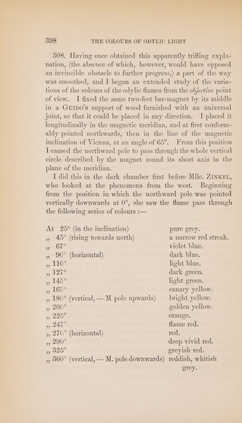 508. Having once obtained this apparently trifling expla- nation, (the absence of which, however, would have opposed an invincible obstacle to further progress,) a part of the way was smoothed, and I began an extended study of the varia- tions of the colours of the odylic flames from the objective point of view. I fixed the same two-feet bar-magnet by its middle in a GUIDO’S support of wood furnished with an universal joint, so that it could be placed in any direction. I placed it longitudinally in the magnetic meridian, and at first conform- ably pointed northwards, then in the line of the magnetic inclination of Vienna, at an angle of 65°. From this position I caused the northward pole to pass through the whole vertical circle described by the magnet round its short axis in the plane of the meridian. | I did this in the dark chamber first before Mlle. ZINKEL, who looked at the phenomena from the west. Beginning from the position in which the northward pole was pointed vertically downwards at 0°, she saw the flame pass through the following series of colours :— At 25° (in the inclination) pure grey. „ 45° (rising towards north) a narrow red streak. gig? violet blue. „ 90° (horizontal) dark blue. a aay? light blue. 1208 dark green. „145° light green. hee? canary yellow. ,, 180° (vertical, —M pole upwards) bright yellow. „200° golden yellow. „223 orange. 240° flame red. », 270° (horizontal) red. 290° deep vivid red. 2 greyish red. „„ 360° (vertical, — M. pole downwards) reddish, whitish grey.