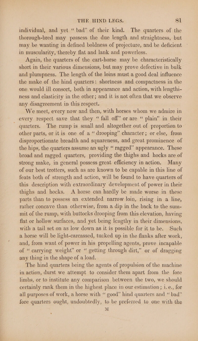 individual, and yet “bad” of their kind. The quarters of the thorough-bred may possess the due length and straightness, but may be wanting in defined boldness of projecture, and be deficient in muscularity, thereby flat and lank and powerless. Again, the quarters of the cart-horse may be characteristically short in their various dimensions, but may prove defective in bulk and plumpness. The length of the loins must a good deal influence the make of the hind quarters: shortness and compactness in the one would ill consort, both in appearance and action, with lengthi- ness and elasticity in the other; and it is not often that we observe any disagreement in this respect. We meet, every now and then, with horses whom we admire in every respect save that they “ fall off” or are “ plain” in their quarters. The rump is small and altogether out of proportion to~ other parts, or itis one of a “ drooping” character; or else, from disproportionate breadth and squareness, and great prominence of the hips, the quarters assume an ugly “ragged” appearance. These broad and ragged quarters, providing the thighs and hocks are of strong make, in general possess great efficiency in action. Many of our best trotters, such as are known to be capable in this line of feats both of strength and action, will be found to have quarters of this description with extraordinary development of power in their thighs and hocks. A horse can hardly be made worse in these parts than to possess an extended narrow loin, rising in a line, rather concave than otherwise, from a dip in the back to the sum- mit of the rump, with buttocks drooping from this elevation, having flat or hollow surfaces, and yet being lengthy in their dimensions, with a tail set on as low down as it is possible for it to be. Such a horse will be light-carcassed, tucked up in the flanks after work, and, from want of power in his propelling agents, prove incapable of “ carrying weight” or “ getting through dirt,” or of dragging any thing in the shape of a load. The hind quarters being the agents of propulsion of the machine in action, durst we attempt to consider them apart from the fore limbs, or to institute any comparison between the two, we should certainly rank them in the highest place in our estimation; 1. e., for all purposes of work, a horse with “ good” hind quarters and “ bad” fore quarters ought, undoubtedly, to be preferred to one with the M