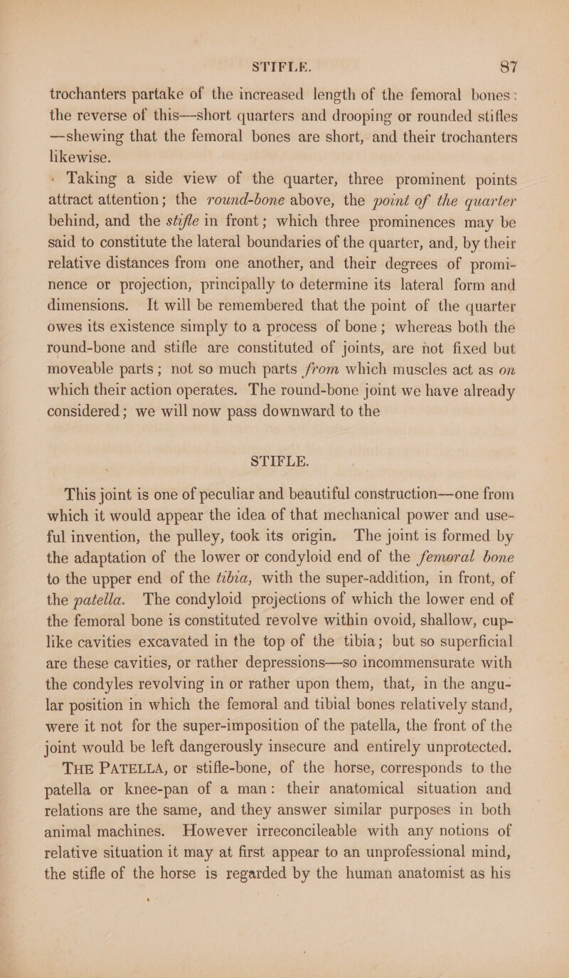 trochanters partake of the increased length of the femoral bones: the reverse of this—short quarters and drooping or rounded stifles —shewing that the femoral bones are short, and their trochanters likewise. - Taking a side view of the quarter, three prominent points attract attention; the round-bone above, the point of the quarter behind, and the séfle in front; which three prominences may be said to constitute the lateral boundaries of the quarter, and, by their relative distances from one another, and their degrees of promi- nence or projection, principally to determine its lateral form and dimensions. It will be remembered that the point of the quarter owes its existence simply to a process of bone; whereas both the round-bone and. stifle are constituted of joints, are not fixed but moveable parts; not so much parts from which muscles act as on which their action operates. The round-bone joint we have already considered; we will now pass downward to the STIFLE. This joint is one of peculiar and beautiful construction—one from which it would appear the idea of that mechanical power and use- ful invention, the pulley, took its origin. The joint is formed by the adaptation of the lower or condyloid end of the femoral bone to the upper end of the é2é2a, with the super-addition, in front, of the patella. ‘The condyloid projections of which the lower end of the femoral bone is constituted revolve within ovoid, shallow, cup- like cavities excavated in the top of the tibia; but so superficial are these cavities, or rather depressions—so incommensurate with the condyles revolving in or rather upon them, that, in the angu- lar position in which the femoral and tibial bones relatively stand, were it not for the super-imposition of the patella, the front of the joint would be left dangerously insecure and entirely unprotected. THE PATELLA, or stifle-bone, of the horse, corresponds to the patella or knee-pan of a man: their anatomical situation and relations are the same, and they answer similar purposes in both animal machines. However irreconcileable with any notions of relative situation it may at first appear to an unprofessional mind, the stifle of the horse is regarded by the human anatomist as his a