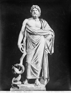 M0001935EA: Reproduction of a photograph of a full-length statue of Aesculapius, the Greek god of medicine / M0001935EB: Reproduction of an engraving of a bust of Aesculapius, Greek god of medicine