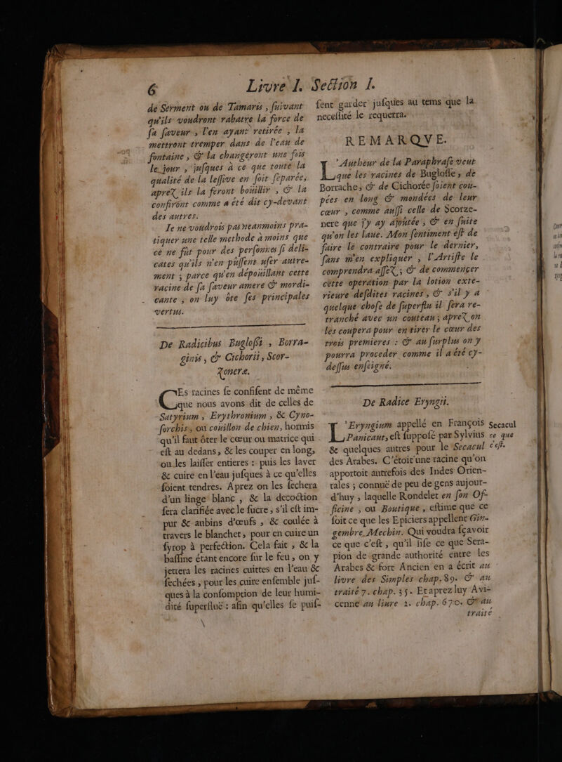 ee le jour ,‘jufques à ce que toute la qualité de la lefive en foit feparée; apreX ils la feront bouillir , © la confirént comme a été dit cy-devant des autres. Le ne vondrots pas neanmoins pra- tiquer une telle methode à moins que ce ne fut pour des perfonres fi deli- cates qu'ils ner puÎlent ufer antre- ment ; parce qu'en dépoñllant cette racine de [a faveur amere G mordi- cante ; on luy ôte fes principales vertus. ee De Radicibus Bugloffs ; Borra- Lônis cd Cichorii, Scor- XOn0ræ. Es racines fe confifent de même Le nous avons dit de celles de Satyrinm ; Erythronium ; & Cyno- forchiss où coillon de chien, hormis qu'il faut ôter le cœur où matrice qui eft au dedans, & les couper en long, ou.les laiffer entieres :: puis les laver & cuire en l’eau jufques à ce qu'elles foient tendres. Aprez on les {echera d’un linge blanc , & la decoction fera clarifiée avec le fucre ; s’il eft im- pur & aubins d'œufs , & coulée à travers le blanchet, pour en cuireun fyrop à perfection. Cela fait ; & la bafline étant encore fur le feu , on y jettera les racines cuittes en l’eau & fechées ; pour les cuire enfemble juf- ques à la confomption de leur humi- dité fuperfuë : afin qu’elles fe puif- REMARQWVE. À M de la Paraphrafe veut que les racines de Buglofle ; de Borrache; @’ de Cichorée Joieñt cou- pées en long & mondées de leur cœur , comme auffi celle de Scorze- nere que Ÿy 4y ajonrée , © en fuite qu'on les Lane. Mon fentiment ejf de faire le contraire pour Le dernier, fans men expliquer , l'Artifte le comprendra affeX,; ©’ de commencer cette operation par la lotion exte- rieure defdites racines, © s'il y a quelque chofe de fuperfiu il fera re- tranché avec nn couteau; apreX on Les conpera pour enttirer le cœur des trois premieres : © au furplus on y pourra proceder comme il 4 ére cy- deffus enfeigré. De Radice Eryngii. *Eryngium appellé en François Panicant, eft fuppofé par Sylvius & quelques autres pour le Secacul des Arabes. C’étoit'une racine qu'on apportoit autrefois des Indes Orien- tales ; connuë de peu de gens aujout- d’huy ; laquelle Rondelet e7 for Of- ficine , où Boutique , eftime que ce