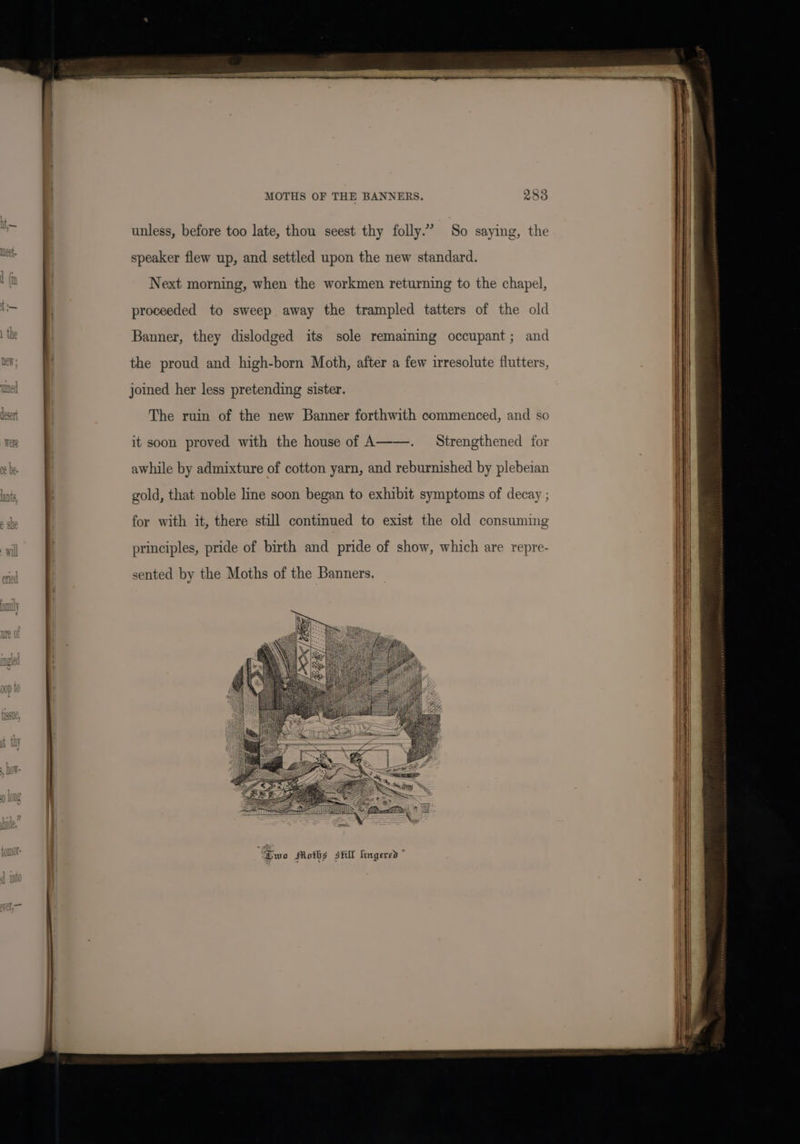 unless, before too late, thou seest thy folly.” So saying, the speaker flew up, and settled upon the new standard. Next morning, when the workmen returning to the chapel, proceeded to sweep away the trampled tatters of the old Banner, they dislodged its sole remaining occupant; and the proud and high-born Moth, after a few irresolute flutters, joined her less pretending sister. The ruin of the new Banner forthwith commenced, and so it soon proved with the house of A——. Strengthened for awhile by admixture of cotton yarn, and reburnished by plebeian gold, that noble line soon began to exhibit symptoms of decay ; for with it, there still continued to exist the old consuming principles, pride of birth and pride of show, which are repre- sented by the Moths of the Banners, “Dwo Moths s¥ill lmgersd”