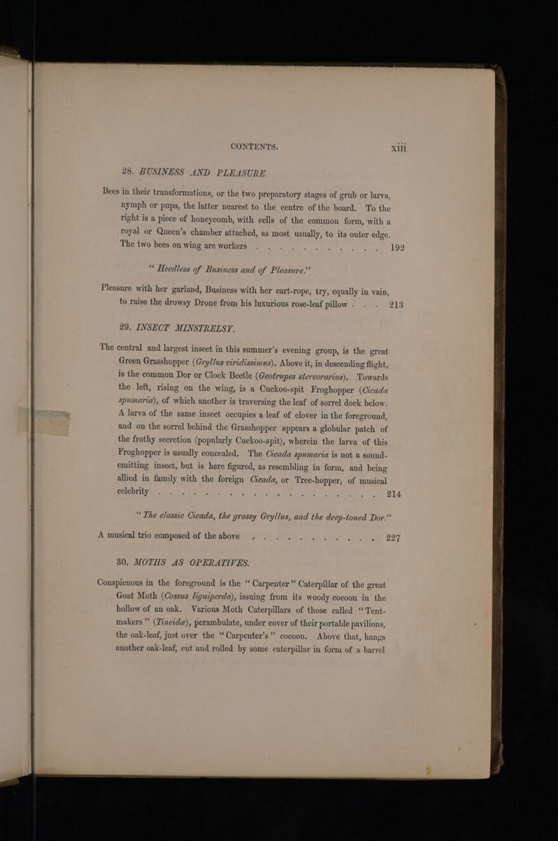 28. BUSINESS AND PLEASURE. I sees In their transformations, or the two preparatory stages of grub or larva, nymph or pupa, the latter nearest to the centre of the board. To the right is a piece of honeycomb, with cells of the common form, with a royal or Queen’s chamber attached, as most usually, to its outer edge. The two bees on wing areworkers . . . . . . . . . . , 192 “ Heedless of Business and of Pleasure.” Pleasure with her garland, Business with her cart-rope, try, equally in vain, to raise the drowsy Drone from his luxurious rose-leaf pillow. . 213 29, INSECT MINSTRELSY. The central and largest insect in this summer’s evening group, is the great Green Grasshopper (Gryllus viridissimus). Above it, in descending flight, is the common Dor or Clock Beetle (Geotrupes stercorarius). Towards SNe = eee the left, rising on the wing, is a Cuckoo-spit Froghopper (Cicada spumaria), of which another is traversing the leaf of sorrel dock below. A larva of the same insect occupies a leaf of clover in the foreground, and on the sorrel behind the Grasshopper appears a globular patch of the frothy secretion (popularly Cuckoo-spit), wherein the larva of this Froghopper is usually concealed. The Cicada spumaria is not a sound- f emitting insect, but is here figured, as resembling in form, and being allied in family with the foreign Cicada, or Tree-hopper, of musical celebrity eats Ae ee See See ee O14, “The classic Cicada, the grassy Gryllus, and the deep-toned Dor.’ A musical trio composed of the above. 30. MOTHS AS OPERATIVES. Conspicuous in the foreground is the “ Carpenter” Caterpillar of the great Goat Moth (Cossus ligniperda), issuing from its woody cocoon in the hollow of an oak. Various Moth Caterpillars of those called “Tent- makers ” (Zineide), perambulate, under cover of their portable pavilions, the oak-leaf, just over the “Carpenter’s” cocoon. Above that, hangs another oak-leaf, cut and rolled by some caterpillar in form of a barrel