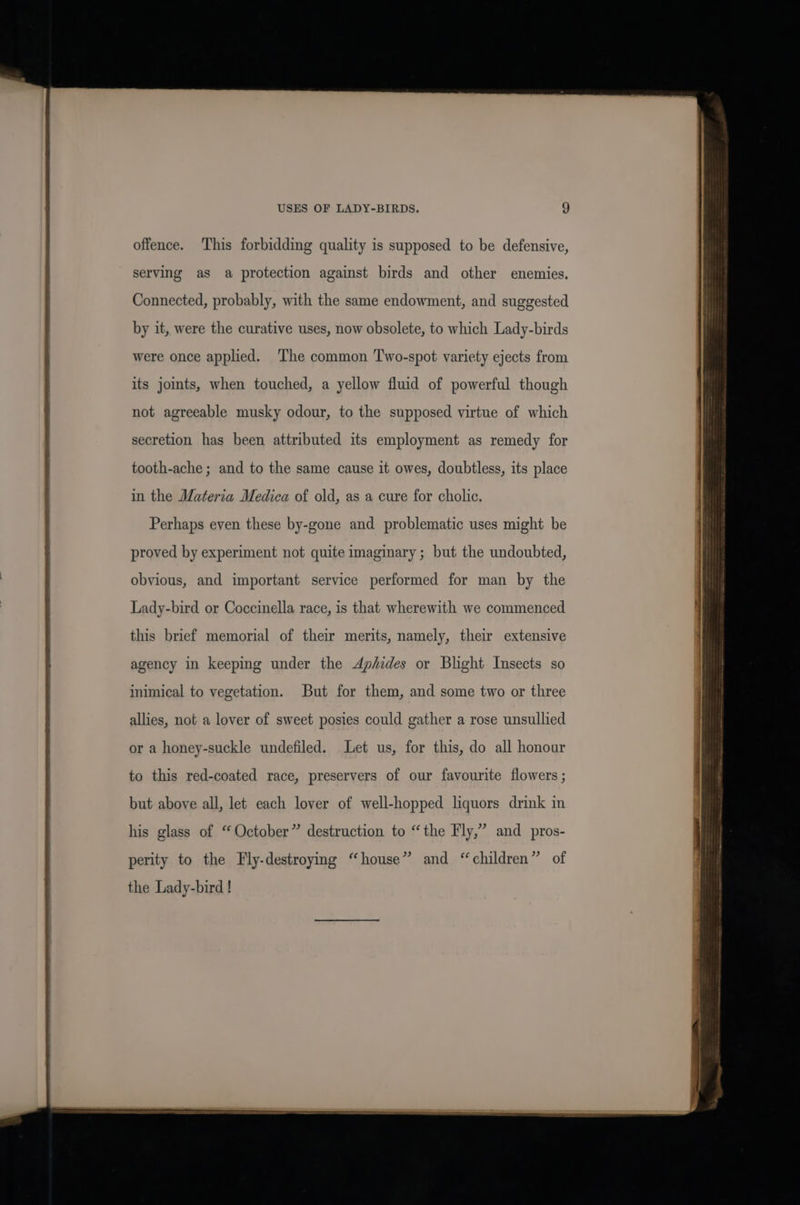 a a ae a EE Oo USES OF LADY-BIRDS. 9 offence. This forbidding quality is supposed to be defensive, serving as a protection against birds and other enemies. Connected, probably, with the same endowment, and suggested by it, were the curative uses, now obsolete, to which Lady-birds were once applied. ‘The common 'T'wo-spot variety ejects from its jomts, when touched, a yellow fluid of powerful though not agreeable musky odour, to the supposed virtue of which secretion has been attributed its employment as remedy for tooth-ache ; and to the same cause it owes, doubtless, its place in the Materia Medica of old, as a cure for cholic. Perhaps even these by-gone and problematic uses might be proved by experiment not quite imaginary; but the undoubted, obvious, and important service performed for man by the Lady-bird or Coccinella race, is that wherewith we commenced this brief memorial of their merits, namely, their extensive agency in keeping under the Aphides or Blight Insects so inimical to vegetation. But for them, and some two or three allies, not a lover of sweet posies could gather a rose unsullied or a honey-suckle undefiled. Let us, for this, do all honour to this red-coated race, preservers of our favourite flowers ; but above all, let each lover of well-hopped liquors drink in &gt; and pros- his glass of “ October” destruction to “the Fly,’ perity to the Fly-destroying “house” and “children” of the Lady-bird!