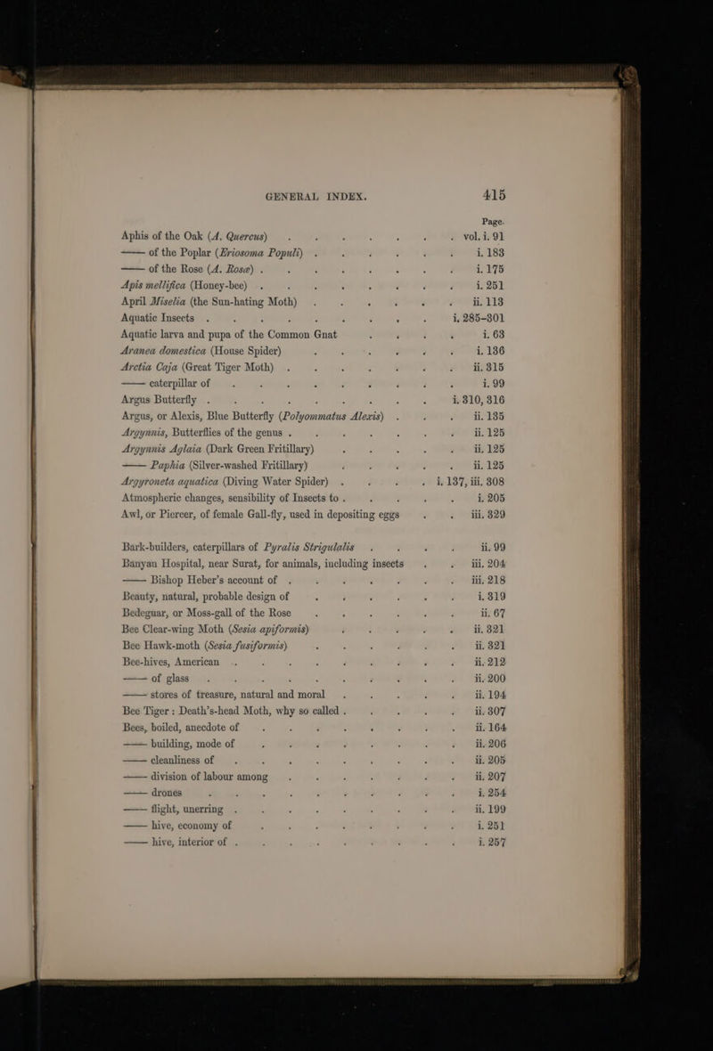 Aphis of the Oak (4, Quercus) of the Poplar (Zriosoma Populi) of the Rose (4. Rose) . Apis mellifica (Honey-bee) April Miselia (the Sun-hating Moth) Aquatic Insects Aquatic larva and pupa of the Common Gnat Aranea domestica (House Spider) Arctia Caja (Great Tiger Moth) caterpillar of Argus Butterfly Argus, or Alexis, Blue Butterfly éPoleeaivistes Alevis) Argynnis, Butterflies of the genus . Argynnis Aglaia (Dark Green Fritillary) Paphia (Silver-washed Fritillary) Argyroneta aquatica (Diving Water Spider) Atmospheric changes, sensibility of Insects to . Awl, or Piercer, of female Gall-fly, used in depositing eggs Bark-builders, caterpillars of Pyralis Strigulalis Banyan Hospital, near Surat, for animals, including insects — Bishop Heber’s account of Beauty, natural, probable design of Bedeguar, or Moss-gall of the Rose Bee Clear-wing Moth (Sesza apiformis) Bee Hawk-moth (Sesza fusiformis) Bee-hives, American of glass ; ‘ stores of treasure, ha a and moral Bee Tiger : Death’s-head Moth, why so called . Bees, boiled, anecdote of building, mode of cleanliness of —— division of labour among drones — flight, unerring —— hive, economy of — hive, interior of vol, 415 Page. i. 91 183 175 251 113 i. 63 136 315 1. 99 316 135