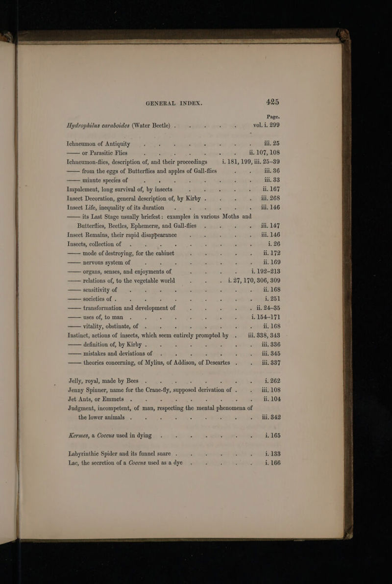 Page. Hydrophilus caraboides (Water Beetle) . ; : , ; vol, 1. 299 Ichneumon of Antiquity ‘ : : ' . ‘ ‘ : iii. 25 or Parasitic Flies : : - . : : ii. 107, 108 Ichneumon-flies, description of, and their proceedings 1. 181, 199, iti, 25-39 from the eggs of Butterflies and apples of Gall-flies ‘ ; iii. 36 —— minute species of : ‘ ‘ : : : ; ¢ ii. 33 Impalement, long survival of, by insects : : : : : ii. 167 Tusect Decoration, general description of, by Kirby . ‘ ; . ii. 268 Insect Life, inequality of its duration . : = : ‘ » ii. 146 its Last Stage usually briefest: examples in various Moths and Butterflies, Beetles, Ephemeree, and Gall-flies . : ‘ ih eS LA Insect Remains, their rapid disappearance : : : - . ii. 146 Insects, collection of . ‘ : : : P : : ‘ 1, 26 mode of destroying, for the cabinet : ; : : 5 Peeedl ale —— nervous system of é ; : ; : : : Saat LO —— organs, senses, and enjoyments of - : 3 : i. 192-213 —— relations of, to the vegetable world ‘ : . 1.27, 170, 306, 309 —— seusitivity of ‘ . - : é . ; : sf M4168 —— societies of . : - ; - : - - : : i. 251 transformation and development of ; : . : . li, 24-35 uses of, to man . : j ; ; ‘ , 2 i. 154-171 vitality, obstinate, of . - : : : : - Pee ve Whe) Instinct, actions of insects, which seem entirely prompted by . ili. 838, 343 definition of, by Kirby . 2 C 2 : : i . ii. 3836 — mistakes and deviations of . : : : : : . i. 845 -—— theories concerning, of Mylius, of Addison, of Descartes . gHiAs387 Jelly, royal, made by Bees . , : . : : : i, 262 Jenny Spinner, name for the Crane-fly, can derivation of . . 1,108 Jet Ants, or Emmets . ‘ - : - : - : - ii. 104, Judgment, incompetent, of man, respecting the mental phenomena of the lower animals . - ; ; : : ‘ ; . ii.3842 Kermes, a Coccus usedin dying . ; . : ; : - i, 165 Labyrinthic Spider and its funnel snare . : - : : : i. 133