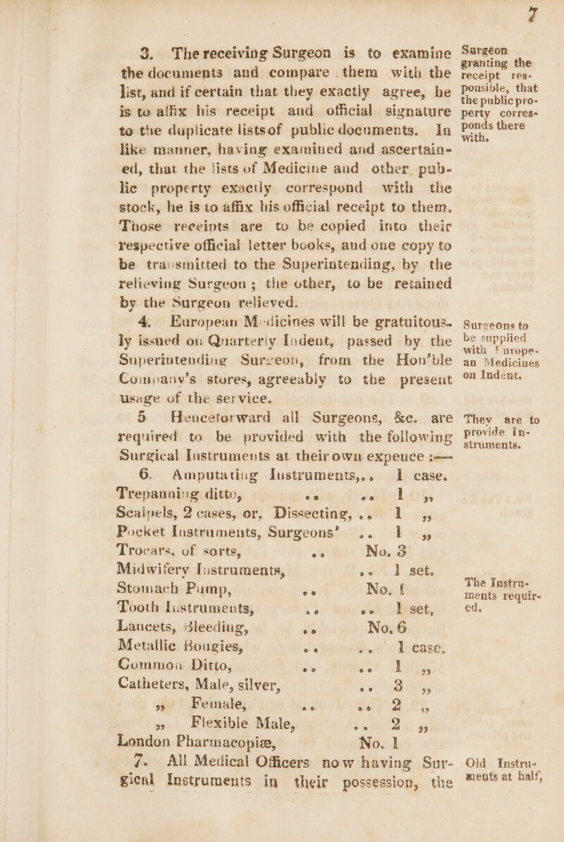 3. Thereceiving Surgeon is to examine the documents and compare them with the list, and if certain that they exactly agree, he is to affix his receipt and official signature to the duplicate listsof publicdocuments. In like manner, having examined and ascertain- ed, that the lists of Medicine and other pub- lic property exactly correspond with the stock, he is to affix his official receipt to them. Tiose receipts are to be copied into their ‘respective official letter books, and one copy to be travsmitted to the Superintending, by the relieving Surgeon ; the other, to be retained by the Surgeon relieved. ) 4, European M«dicines will be gratuitous. ly issued on Quarteriy Indent, passed by the Superintending Surveon, from the Hon’ble Companv’s stores, agreeably to the present usage of the service. 5 Hencetorward all Surgeons, &amp;e. are required to be provided with the following Surgical Instruments at their own expeuce :— 6. Amputatiug Iustruments,.. 1 case. Trepanning ditto, es eapioek Fl, Scaipels, 2 cases, or, Dissecting,.. 1 ,, Pocket Instruments, Surgeons’ .. 1 ,, Trocars, uf sorts, oa No. 3 Midwifery Tustruments, ao | set. Stomach Pump, bia No, ! Tooth Lustruments, .% ee set, Lancets, sleediug, afi No. 6 Metallic Bougies, Pig oe® 1 djease: Comnion Ditto, bX ak APSE, Catheters, Male, silver, fe es » Female, a tig’ 284, » Blexible Male, Shei eb 4 London Pharmacopia, No. 1 Bical Instruments in their possession, the 7 Surgeon granting the receipt res- ponsible, that the public pro- perty corres- ponds there with. Surreons to be supplied ‘with £ urope- an Medicines on Indent. They are to provide In- struments. The Instru- ments require ed, Old Instru- a ments at half,