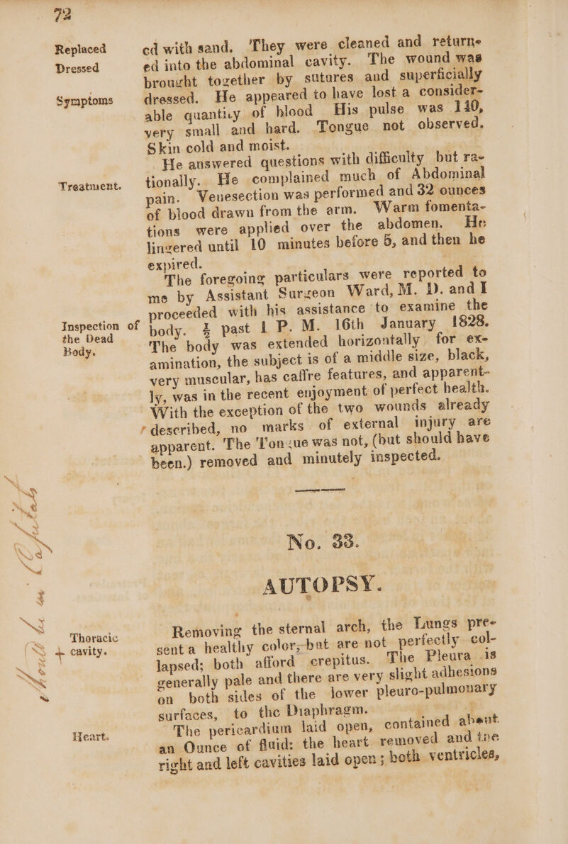 7A Replaced Dressed Symptoms the Dead Body. “ X98 eS 1 KR NQ . _ Thoracic = Heart. cd with sand. ‘They were cleaned and returne ed into the abdominal cavity. The wound was brought together by sutures and superficially dressed. He appeared to have lost a consider- able quantiry of blood His pulse was 140, very small and hard. ‘Tongue not observed. Skin cold and moist. | He answered questions with difficulty but ra- tionally. He complained much of Abdominal ain. Venesection was performed and 32 ounces of blood drawn from the arm. Warm fomenta- tions were applied over the abdomen. He lingered until 10 minutes beiore 5, and then he expired. La The foregoing particulars were reported to me by Assistant Surgeon Ward, M. D. and I roceeded with his assistance ‘to examine the body. 4% past iP. M. 16th January 1828. Se amination, the subject is of a middle size, black, ly, was in the recent enjoyment of perfect health. described, no marks of external injury are been.) removed and minutely inspected. No. 3o. AUTO PSY. Removing the sternal arch, the Lungs pre- senta healthy color;bat are not perfectly col- lapsed; both afford crepitus. The Pleura As generally pale and there are very slight adhesions on both sides of the lower pleuro-pulmonary surfaces, to the Diaphragm. pa tall” a9 The pericardium laid open, contained abent an Ounce of fluid: the heart removed and tne right and left cavities laid open - both ventricles,