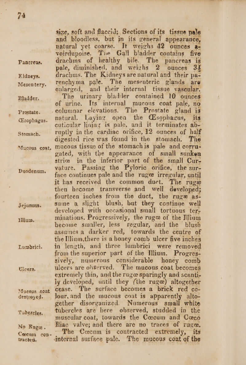 Pancreas. Kidneys. Mesentery. Bladder. Prostate. Esophagus. Stomach. Mucous coat. Duodenum. size, soft and flaccid; Sections of its tissue pale and bloodless, but in its general appearance, natural yet coarse. It weichs 42 ounces a- voirdupoise. ie Gall bladder contains five drachms of healthy bile. The pancreas is pale, diminished, and weighs 2 ounces 32 drachms. The Kidneys are natural and their pa renchyma pale. The mesenteric glands. are enlarged, and their internal tissue vascular. The urinary bladder contained 10 ounces of urine. Its internal mucons coat pale, no natural. Laying open the Csophavus, its cuticular lining is pale, and it terminates ab- ruptly in the cardiac orifice, 12 ounces of half digested rice was found in the stomach. The mucous tissue of the stomachis pale and corru- gated, with the appearance of small sunken strie in the inferior part of the small Cur- vature. Passing the Pyloric orifice, the sur- face continues pale and the rugee irregular, until it has received the common “duct. The ruge then become transverse and well developed; Jejununm. lllium. Lumbrici. Ulcers. Mucous oat destroyed. Tubercles. No Rugee. tracted. sume a slight blush, but they continue well developed with occasional small tortuous ter- minations. Progressively, the ruge of the Ninm become smaller, less regular, and the blush assuines a darker red, towards the centre of the Hlium,there is a honey comb ulcer five inches in length, and three lumbrici were removed from the superior part of the Tlium. Progres- sively, numerous considerable honey comb ulcers are ohserved. The mucous coat becomes extremely thin, and the ruge sparingly and scanti- ly developed, until they (the ruge) altogether cease. The surface becomes a brick red co- Jour, and the mucous coat is apparently alte- gether disorganized. Numerous smal white tubercles are here observed, studded in the muscular coat, towards the Coecum and Ceco Hiac valve; and there are no traces of rage. The Cccum is contracted extremely, its
