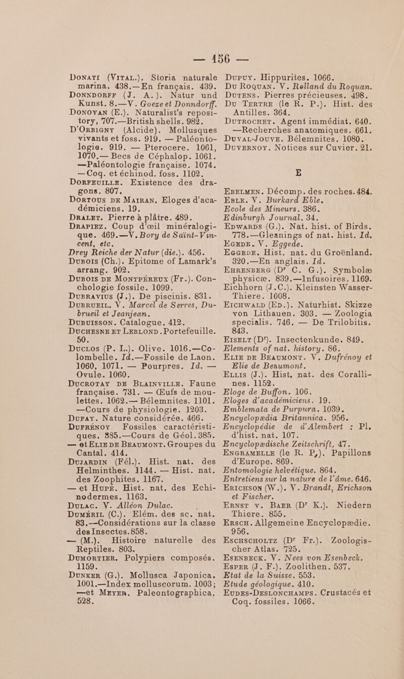 DonaT!s (VirTar.). Sioria naturale marina. 438.—En français. 439. DONNDORFF (J. A.}). Natur und Kunst. 8.—V. Goexeet Donndorff. Donovax (E.). Naturalist’s reposi- tory, 707.—British shells. 982. D'OrB1Gny (Alcide). Mollusques vivants et foss. 919. — Paléonto- logie. 919. — Pterocere. 1061, 1070.— Becs de Céphalop. 1061. —Paléontologie française. 1074. — Coq. et échinod. foss. 1102. DoRFEUILLE. Existence des dra- gons, 807. Dorrous DE Matra. Eloges d’aca- démiciens. 19. DRALET. Pierre à plâtre. 489. DrAPiEz. Coup d'œil minéralogi- que. 469.—V, Bory de Saïnt-Van- cent, etc. Drey Reiche der Natur (die.). 456. Dusotrs (Ch.). Epitome of Lamark’s arrang. 902. Dugois DE MoNTPÉREUXx (Fr.). Con- chologie fossile. 1099. Durravius (J.). De piscinis. 831. DusruEzIz. V. Marcel de Serres, Du- brueil et Jeanjean. Duguisson. Catalogue. 412. DucesxE ET LEBLOND. Portefeuille. Duczos (P. L.). Olive. 1016.—Co- lombelle. Id.—Fossile de Laon. 1060, 1071. — Pourpres. Id. — Ovule. 1060. DucROTAY DE BLAINVILLE. Faune française. 731. — Œufs de mou- lettes. 1062.— Bélemnites. 1101. —Cours de physiologie. 1203. Duray. Nature considérée. 466. DurRÉNOoy. Fossiles caractéristi- ques. 385.—Cours de Géol. 385. — 6tELIE DE BEAUMONT. Groupes du Cantal. 414. DuyarDiN (Fél.). Hist. nat. des Helminthes. 1144. — Hist. nat. des Zoophites. 1167. — et Hupk. Hist. nat. des Echi- nodermes. 1163. Duzac. V. Alléon Dulac. ; DuméRiL (C.). Elém. des sc. nat. 83.—-Considérations sur la classe des Insectes.858. — (M.). Histoire naturelle des Reptiles. 803. DumorTier. Polypiers composés. 1159. Duxxer (G.). Mollusca Japonica. 1001.—Index molluscorum. 1003; met MEYER. Paleontographica. Dupuy. Hippurites. 1066. Du RoQuax. V. Rolland du Roquan. Durens. Pierres précieuses. 498. Du TERTRE (le R. P.). Hist. des Antilles. 364. DurrocHEr. Agent immédiat. 640. —Recherches anatomiques. 661. Duvaz-JouvEe. Bélemnites. 1080. Duvernoy. Notices sur Cuvier. 21. E EBELMEN. Décomp. des roches. 484. EBLe. V. Burkard Eble. Ecole des Mineurs. 386. Edinburgh Journal. 34. EpwarDs (G.). Nat. hist. of Birds. 718.—Gleanings of nat. hist. Id. Ecxpe. V. Eggede. EGGeoE. Hist. nat. du Groënland. 820.—En anglais. Id. EHRENBERG (D' C. G.). Symbolæ physicæ. 839.—Infusoires. 1169. Eichhorn (J.C.). Kleinsten Wasser- Thiere. 1008. Ercawazp (Eb.). Naturhist. Skizze von lLithauen. 303. — Zoologia specialis. 746. — De Trilobitis. 843. EIsELT (D')}. Insectenkunde. 849. Elements of nat. history. 86. ELIE DE BEAUMONT. V. Dufrénoy et Elie de Beaumont. Ezzts (J.). Hist, nat. des Coralli- nes. 1192: Eloge de Buffon. 106. Eloges d'académiciens. 19. Emblemata de Purpura. 1039. Encyclopædia Britannica. 956. Encyclopédie de d'Alembert d'hist. nat. 107. Encyclopædische Zeitschrift, 47. ENGRAMELLE (le R. P,). Papillons d'Europe. 869. Entomologie helvétique. 864. Entretiens sur la nature de l’âme. 646. Ertcason (W.). V. Brandt, Erichson et Fischer. ERNST v. BAER (D' K.). Thiere. 855. Erscx. Allgemeine Encyclopædie. 956. Escuscuoztz (D' Fr.). cher Atlas. 725. EsenBecx. V. Nees von Esenbeck. EsPer (J. F.). Zoolithen. 537. Etat de la Suisse. 553. Etude géologique. 410. Eupes-DEsLoncHaAMPs. Crustacés et Coq. fossiles. 1066. Pl, Niedern Zoologis-