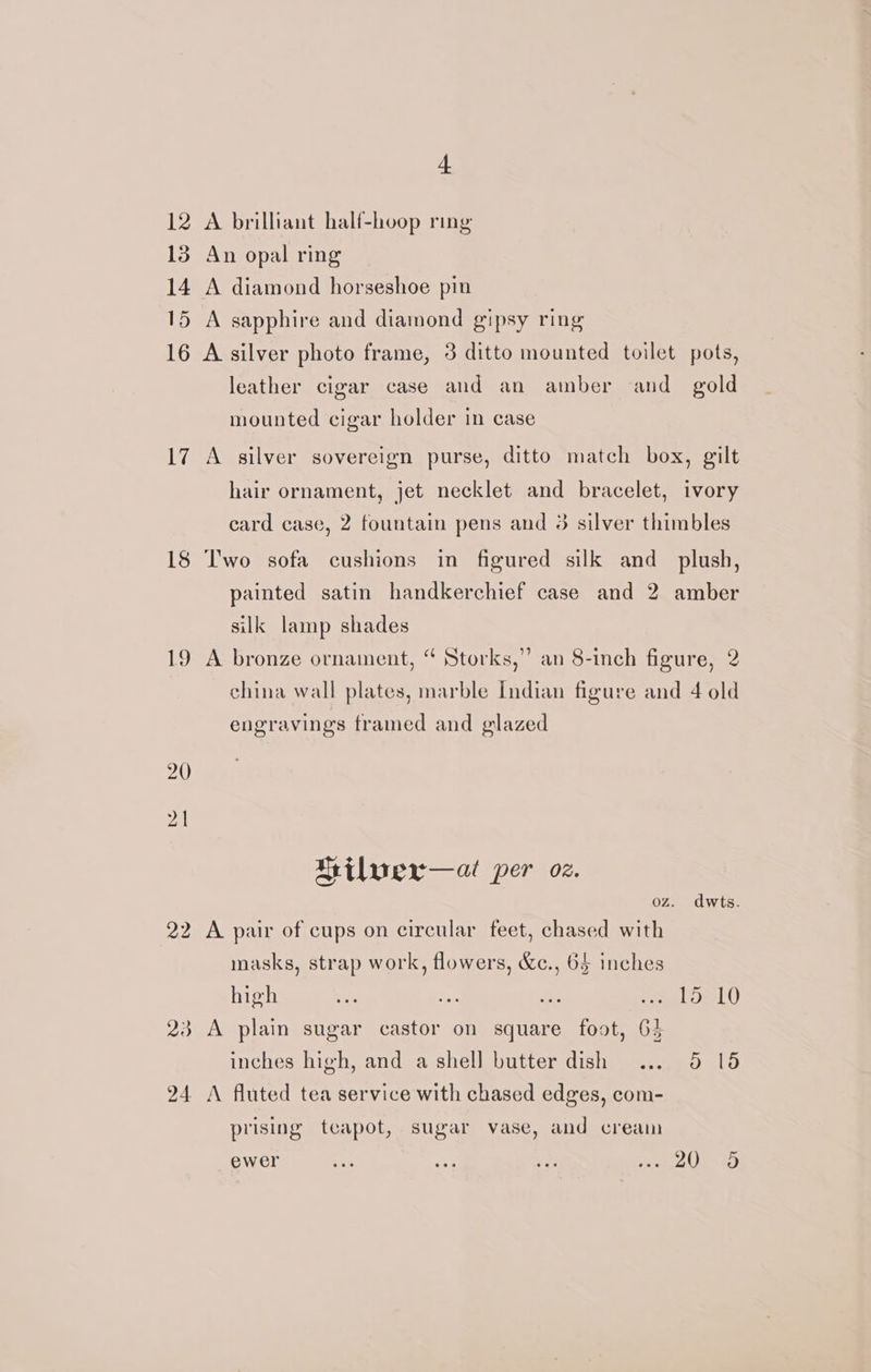 13 14 15 16 17 18 19 22 23 24 t An opal ring A diamond horseshoe pin A sapphire and diamond gipsy ring mounted cigar holder in case silk lamp shades A bronze ornament, “ Storks,”’ engravings framed and glazed Mrilver—ai per oz. A pair of cups on circular feet, chased with masks, strap work, flowers, &amp;c., 64 inches high A plain sugar castor on square foot, 64 inches high, and a shell butter dish A fluted tea service with chased edges, com- prising teapot, sugar vase, and cream ewer