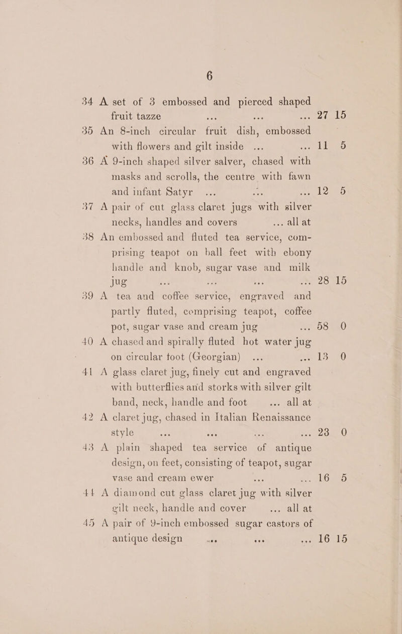 37 38 om 44 = nr 6 A set of 3 embossed and pierced shaped fruit tazze By ae An 8-inch circular fruit dish, embossed with flowers and gilt inside A 9-inch shaped silver salver, chased with masks and scrolls, the centre with fawn and infant Satyr oe A pair of cut glass claret jugs with silver necks, handles and covers eel ab An embossed and fluted tea service, com- prising teapot on ball feet with ebony handle and knob, sugar vase and milk jug ee bp A tea and coffee service, engraved and partly fluted, comprising teapot, coffee pot, sugar vase and cream jug A chased and spirally fluted hot water jug on circular foot (Georgian) A glass claret jug, finely cut and engraved with butterflies and storks with silver gilt band, neck, handle and foot oe paugat A claret jug, chased in Italian Renaissance style ee a Se A plain shaped tea service of antique design, on feet, consisting of teapot, sugar vase and cream ewer A = A diamond cut glass claret jug with silver gilt neck, handle and cover Pua dseLe A pair of 9-ich embossed sugar castors of antique design age aoe 15 15 15