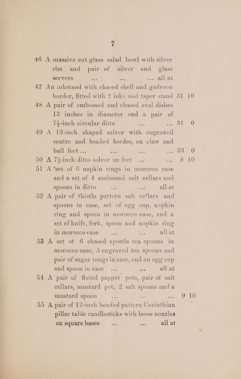 46 47 48 49 DO ol 52 53 54 7 A massive cut glass salad bowl with silver rim and pair of silver and _ glass servers Be Pioe, Lbligesou algae An inkstand with chased shell and gadroon border, fitted with 2 inks and taper stand A. pair of embossed and chased oval dishes 13 inches in diameter and a pair of 74-inch circular ditto A 13-inch shaped salver with engraved centre and beaded border, on claw and ball feet .. Aas A 74-inch ditto salver on feet A *set of 6 napkin rings in morocco case and a set of 4 embossed. salt cellars and spoons in ditto - = all at A pair of thistle pattern salt cellars and ring and spoon in morocco case, and a set of knife, fork, spoon and napkin ring in moroccoecase __... ae all at A set of 6 chased apostle tea spoons in morocco case, 5 engraved tea spoons and 31 10 and spoon in case... 5 all at A pair of fluted pepper. pots, pair of salt cellars, mustard pot, 2 salt spoons anda A pair of 12-inch beaded ee c Or ili pillar table candlesticks with loose nozzles on square bases... oe all at