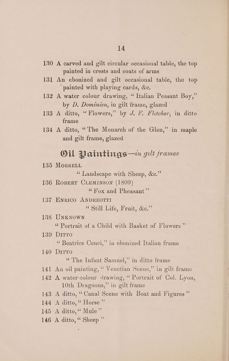 130 131 132 133 134 135 136 137 138 139 140 141 142 143 144 145 146 14 A carved and gilt circular occasional table, the top painted in crests and coats of arms An ebonized and gilt occasional table, the top ‘painted with playing cards, &amp;e. A water colour drawing. “ Italian Peasant Boy,” by D. Dominien, in gilt frame, glazed A ditto, ‘ Flowers,” by J. lf. Fletcher, in ditto frame A ditto, “The Monarch of the Glen,” in maple and gilt frame, glazed Oil Vaintirgs—in gilt frames Morr ELL ‘¢ Landscape with Sheep, &amp;c.” Ropert CLEMINSON (1809) fox and Pheasant ”’ Enrico ANDREOTTI till bite, droite wc. = UNKNOWN Portrait of a Child with Basket of Flowers ”’ Dirro ‘“‘ Beatrice Cenci,’”’ in ebonized Italian frame DitTTo ‘The Infant Samuel,” in ditto frame An oil painting, “‘ Venetian Scene,” in gilt frame A water-colour drawing, “* Portrait of Col. Lyon, 10th Dragoons,” in gilt frame A ditto, ‘Canal Scene with Boat and Figures ” A ditto, “ Horse ” A ditto, ‘* Mule” A ditto, “‘ Sheep ”