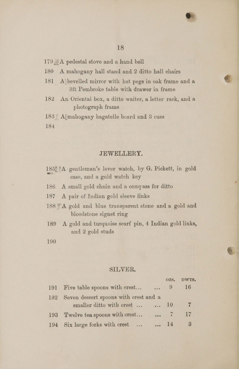 179 2A pedestal stove and a hand bell 180 A mahogany hall stand and 2 ditto hall chairs 181 A>bevelled mirror with hat pegs in oak frame and a 8ft Pembroke table with drawer in frame 182 An Oriental box, a ditto waiter, a letter rack, and a photograph frame 183° Aimahogany bagatelle board and 3 cues 184 JEWELLERY. 1850 PA: gentleman’s lever watch, by G. Pickett, in gold case, and a gold watch key 186 A small gold chain and a compass for ditto 187 <A pair of Indian gold sleeve links 188 *A gold and blue transparent stone and a gold and bloodstone signet ring 189 A gold and turquoise scarf pin, 4 Indian gold links, and 2 gold studs 190 SILVER, OZS. DWTS. 191 Five table spoons with crest... seni 16 192 Seven dessert spoons with crest and a smaller ditto with crest ... eae) Pe m 198 Twelve tea spoons with crest... eae e | 17 194 Six large forks with crest... owe SEL 3 as —— {