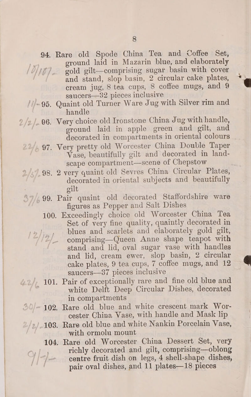 OSE IO a 94. Rare old Spode China Tea and Coffee Set, ground laid in Mazarin blue, and elaborately gold gilt—comprising sugar basin with cover and stand, slop basin, 2 circular cake plates, cream jug, 8 tea cups, 8 coffee mugs, and 9 2, handle ground laid in apple green and gilt, and decorated in compartments in oriental colours Vase, beautifully gilt and decorated in land- scape compartment—scene of Chepstow decorated in oriental subjects and beautifully oilt figures as Pepper and Salt Dishes 100. Exceedingly choice old Worcester China Tea Set of very fine quality, quaintly decorated in blues and scarlets and elaborately gold gilt, comprising—Queen Anne shape teapot with stand and lid, oval sugar vase with handles and lid, cream ewer, slop basin, 2 circular cake plates, 9 tea cups, 7 coffee mugs, and 12 saucers—37 pieces inclusive white Delft Deep Circular Dishes, decorated in compartments 102. Rare old blue and white crescent mark Wor- cester China Vase, with handle and Mask lip with ormolu mount 104. Rare old Worcester China Dessert Set, very richly decorated and gilt, comprising—oblong centre fruit dish on legs, 4 shell-shape dishes, pair oval dishes, and 11 plates—18 pieces