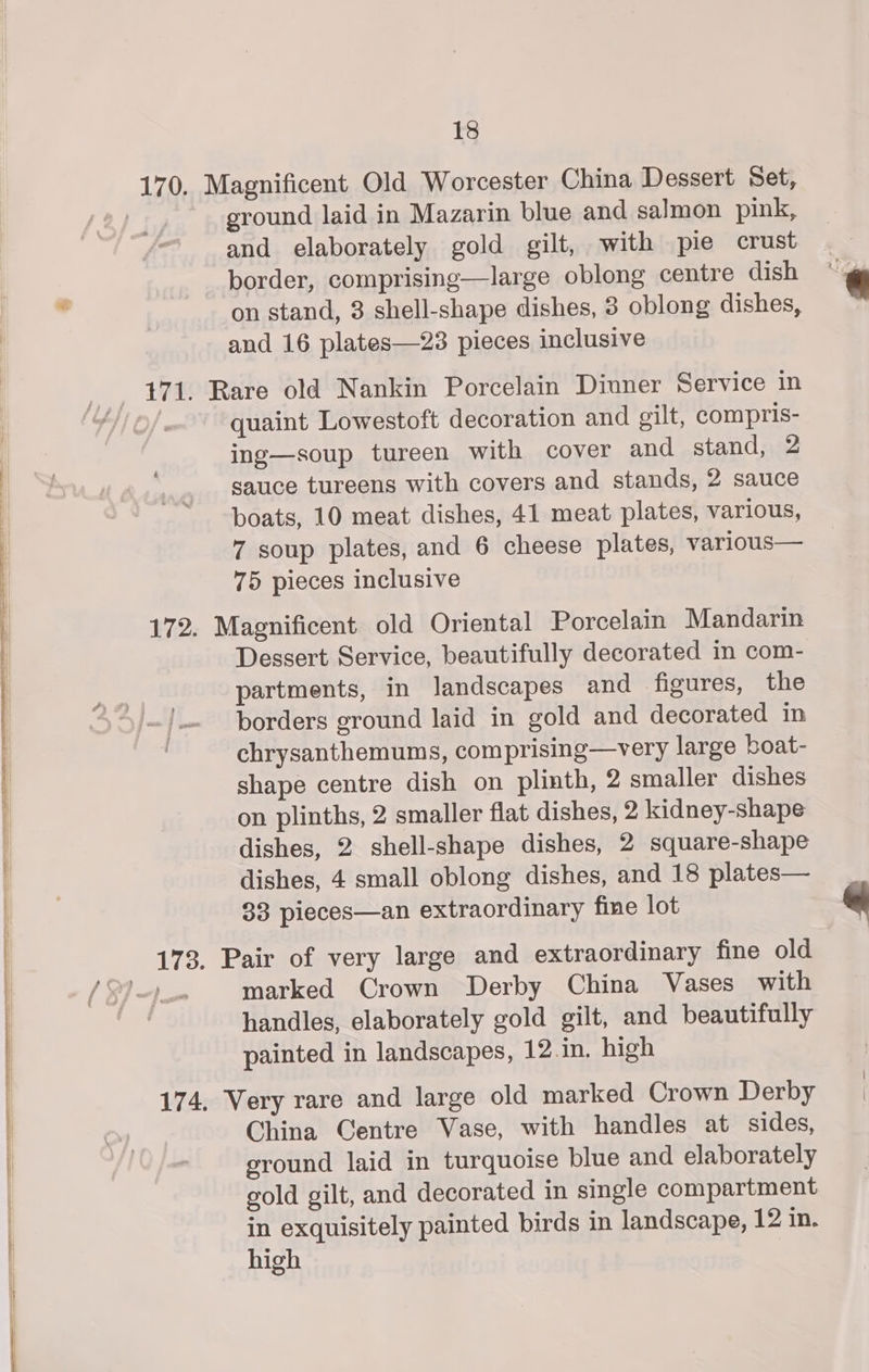 170. Magnificent Old Worcester China Dessert Set, | ground laid in Mazarin blue and salmon pink, and elaborately gold gilt, with pie crust border, comprising—large oblong centre dish on stand, 3 shell-shape dishes, 3 oblong dishes, and 16 plates—23 pieces inclusive 171. Rare old Nankin Porcelain Dinner Service in | quaint Lowestoft decoration and gilt, compris- ing—soup tureen with cover and stand, 2 sauce tureens with covers and stands, 2 sauce boats, 10 meat dishes, 41 meat plates, various, 7 soup plates, and 6 cheese plates, various— 75 pieces inclusive 172. Magnificent old Oriental Porcelain Mandarin Dessert Service, beautifully decorated in com- partments, in landscapes and figures, the borders ground laid in gold and decorated in chrysanthemums, comprising—very large boat- | shape centre dish on plinth, 2 smaller dishes on plinths, 2 smaller flat dishes, 2 kidney-shape dishes, 2 shell-shape dishes, 2 square-shape dishes, 4 small oblong dishes, and 18 plates— 33 pieces—an extraordinary fine lot 173. Pair of very large and extraordinary fine old i /S)<jo. marked Crown Derby China Vases with ins handles, elaborately gold gilt, and beautifully | painted in landscapes, 12.in. high | 174, Very rare and large old marked Crown Derby O China Centre Vase, with handles at sides, ! TQ foe ground laid in turquoise blue and elaborately | gold gilt, and decorated in single compartment | in exquisitely painted birds in landscape, 12 in. high