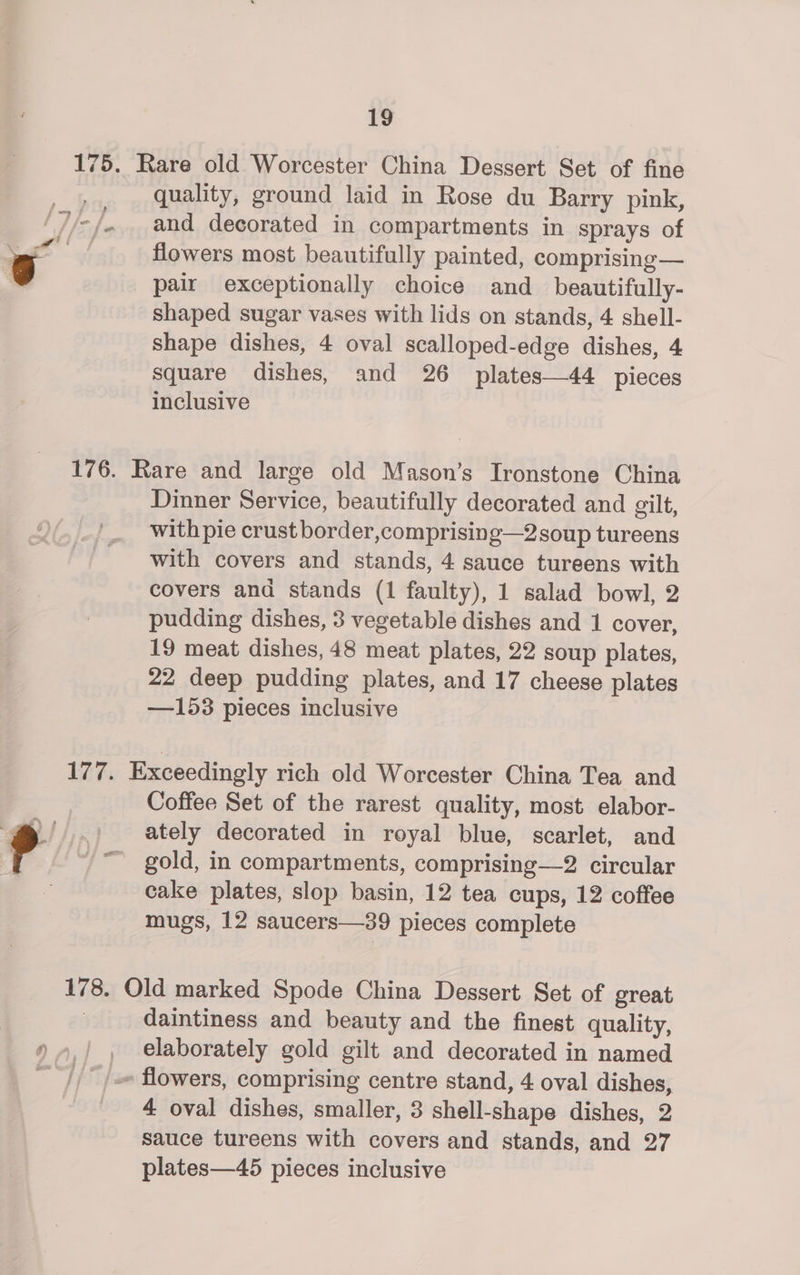 quality, ground laid in Rose du Barry pink, and decorated in compartments in sprays of flowers most beautifully painted, comprising — pair exceptionally choice and_beautifully- shaped sugar vases with lids on stands, 4 shell- shape dishes, 4 oval scalloped-edge dishes, 4 square dishes, and 26 plates—44 pieces inclusive Dinner Service, beautifully decorated and gilt, with pie crust border,comprising—2 soup tureens with covers and stands, 4 sauce tureens with covers and stands (1 faulty), 1 salad bowl, 2 pudding dishes, 3 vegetable dishes and 1 cover, 19 meat dishes, 48 meat plates, 22 soup plates, 22 deep pudding plates, and 17 cheese plates —153 pieces inclusive Coffee Set of the rarest quality, most elabor- ately decorated in royal blue, scarlet, and gold, in compartments, comprising—2 circular cake plates, slop basin, 12 tea cups, 12 coffee mugs, 12 saucers—39 pieces complete daintiness and beauty and the finest quality, elaborately gold gilt and decorated in named 4 oval dishes, smaller, 3 shell-shape dishes, 2 sauce tureens with covers and stands, and 27