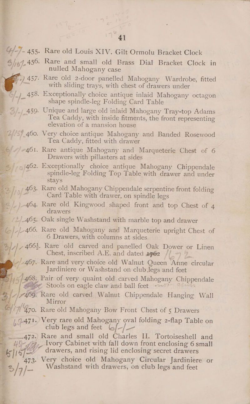 | G/7- 455. Rare old Louis XIV. Gilt Ormolu Bracket Clock : @ |y4 456. Rare and small old Brass Dial Bracket Clock in nulled Mahogany case - Rare old 2-door panelled Mahogany Wardrobe, fitted _ with sliding trays, with chest of drawers under . Exceptionally choice antique inlaid Mahogany octagon | shape spindle-leg Folding Card Table - ©.) 459. Unique and large old inlaid Mahogany Tray-top Adams Gal Tea Caddy, with inside fitments, the front representing elevation of a mansion house _ 2°59 460. Very choice antique Mahogany and Banded Rosewood 4 7 Tea Caddy, fitted with drawer . Kare antique Mahogany and Marqueterie Chest of 6 Drawers with pillasters at sides . Exceptionally choice antique Mahogany Chippendale spindle-leg Folding Top Table with drawer and under Stays . Kare old Mahogany Chippendale serpentine front folding Card Table with drawer, on spindle legs . Rare old Kingwood shaped front and top Chest of 4 drawers . Oak single Washstand with marble top and drawer . Rare old Mahogany and Marqueterie upright Chest of _ 6 Drawers, with columns at sides v2, //] » 4663. Rare old carved and panelled Oak Dower or Linen ei / Chest, inscribed A.E. and dated . p62 5 Prey pe 2 fm ~ 467. Rare and very choice old Walnut Queen Anne circular ‘ Jardiniere or Washstand on club legs and feet noel “) 468. Pair of very quaint old carved Mahogany Chippendale a | “Be. Stools on eagle claw and ball feet 7? ° hat // 7460. Rare old carved Walnut Chippendale Hanging Wall f Mirror A Gro. Rare old Mahogany Bow Front Chest of 5 Drawers “4 [5-471 Verran mt Manoa oval folding 2-flap Table on 53% club legs and teet toj—/—— '...472.) Rare and small old Charles I. Tortoiseshell and # Ney iP Ivory Cabinet with fall down front enclosing 6 small : bs) 57— drawers, and rising lid enclosing secret drawers . ¢ 473. Very choice old Mahogany Circular Jardiniere or = 3/5 j_. Washstand with drawers, on club legs and feet 4 / | = y= ¢ 5 >
