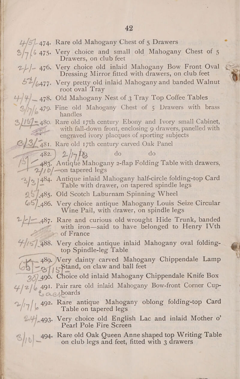 f -, a Lt} o =} f ay ae 1d LE S iA 42 Rare old Mahogany Chest of 5 Drawers Very choice and small old Mahogany Chest of 5 Drawers, on club feet Very choice old inlaid Mahogany Bow Front Oval Dressing Mirror fitted with drawers, on club feet Very pretty old inlaid Mahogany and banded Walnut root oval Tray handles with fall-down front, enclosing 9 drawers, panelled with engraved ivory placques of sporting subjects do do 2, 484 a f Cd i Antique inlaid Mahogany half-circle folding-top Card Table with drawer, on tapered spindle legs Olid Scotch Laburnam Spinning Wheel Very choice antique Mahogany Louis Seize Circular Wine Pail, with drawer, on spindle legs Rare and curious old wrought Hide Trunk, banded with iron—said to have belonged to Henry IVth Very choice antique inlaid Mahogany oval folding- top Spindle-leg Table 1S efi span on claw and ball feet oice old inlaid Mahogany Chippendale Knife Box Table on tapered legs. Pearl Pole Fire Screen on club legs and feet, fitted with 3 drawers