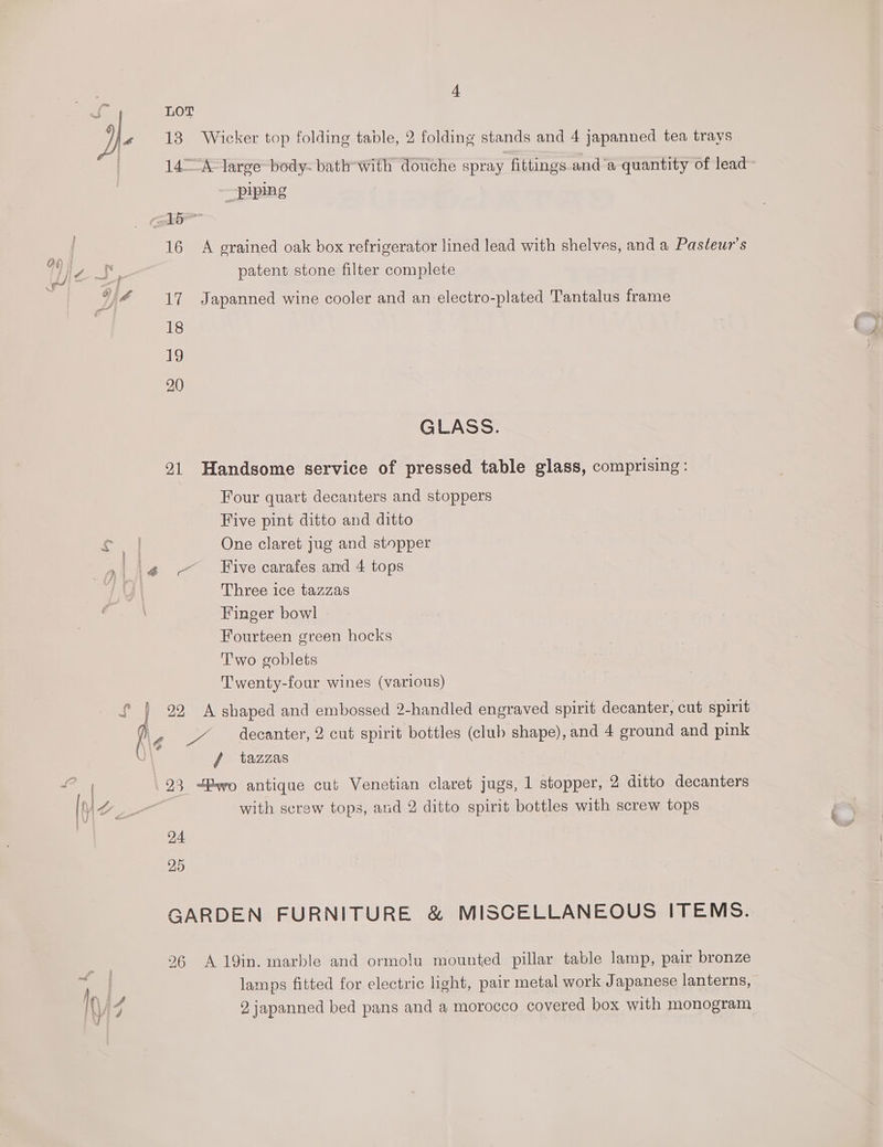LOT Dy. 13 Wicker top folding table, 2 folding stands and 4 japanned tea trays “ti 14-A-Jarge body. bath-with douche spray fittings and’a quantity of lead piping moe” ; 16 A grained oak box refrigerator lined lead with shelves, anda Pasteur’s hid ts patent stone filter complete iy 4 17 Japanned wine cooler and an electro-plated Tantalus frame 18 19 20 GLASS. 21 Handsome service of pressed table glass, comprising : Four quart decanters and stoppers Five pint ditto and ditto oH One claret jug and stopper » | \¢ - Five carafes and 4 tops 4 QI Three ice tazzas Finger bowl Fourteen green hocks T'wo goblets Twenty-four wines (various) { } 22 A shaped and embossed 2-handled engraved spirit decanter, cut spirit f 2 % decanter, 2 cut spirit bottles (club shape), and 4 ground and pink : / tazzas 23 “Bwo antique cut Venetian claret jugs, 1 stopper, 2 ditto decanters (ie oa with screw tops, and 2 ditto spirit bottles with screw tops | 24 25 GARDEN FURNITURE &amp; MISCELLANEOUS ITEMS. 26 A19in. marble and ormolu mounted pillar table lamp, pair bronze | lamps fitted for electric light, pair metal work Japanese lanterns, NVA 2,japanned bed pans and a morocco covered box with monogram