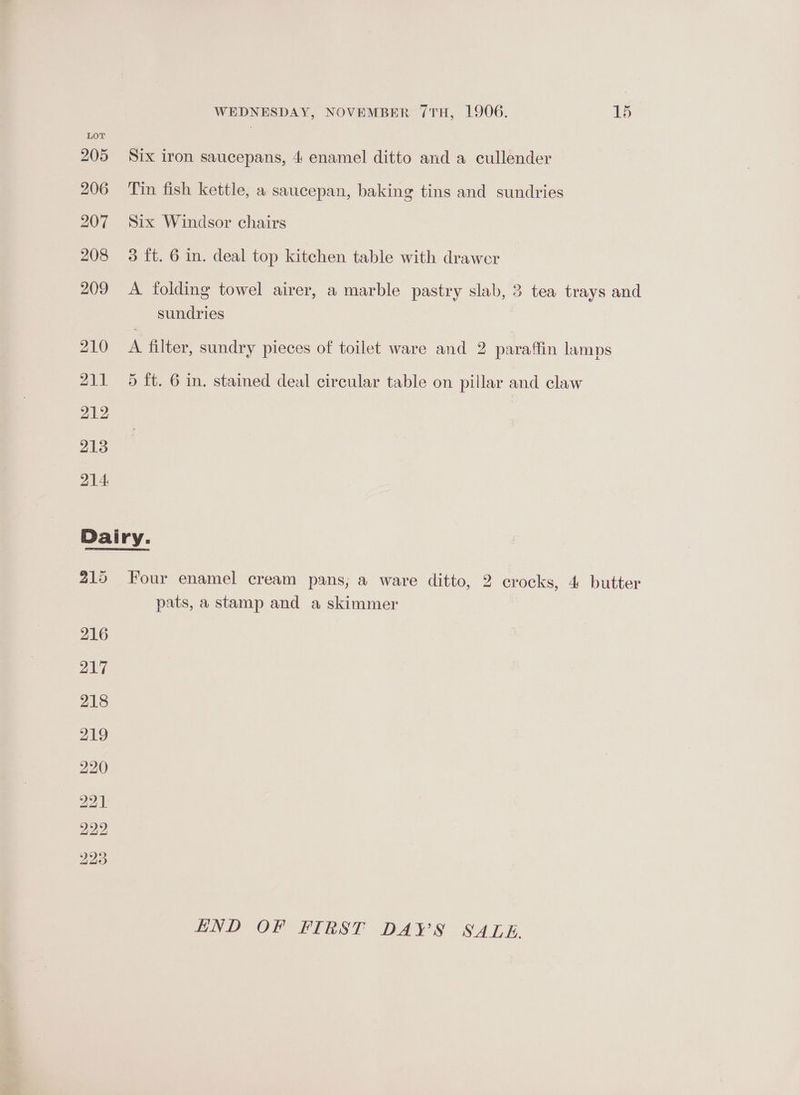 205 Six iron saucepans, 4 enamel ditto and a cullender 206 Tin fish kettle, a saucepan, baking tins and sundries 207 Six Windsor chairs 208 3 ft. 6 in. deal top kitchen table with drawer 209 A folding towel airer, a marble pastry slab, 3 tea trays and sundries 210 A filter, sundry pieces of toilet ware and 2 paraffin lamps 211 5 ft. 6 in. stained deal circular table on pillar and claw Dairy. 215 Four enamel cream pans, a ware ditto, 2 crocks, 4 butter pats, a stamp and a skimmer 216 217 218 UND OF FIRST DAYS SALE.