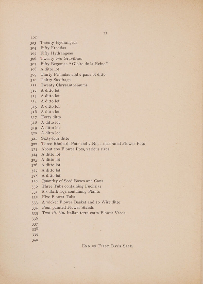 393 304 395 306 397 308 309 310 eq1 312 313 314 315 316 317 318 319 320 321 322 323 324 325 326 327 328 329 330 331 332 333 334 aio) 336 337. 338 339 340 I2 Twenty Hydrangeas Fifty Freesias Fifty Hydrangeas Twenty-two Gravilleas Fifty Begonias ‘“ Gloire de la Reine”’ A ditto lot | Thirty Primulas and 2 pans of ditto Thirty Saxifrage Twenty Chrysanthemums A ditto lot A ditto lot A ditto lot A ditto lot A ditto lot Forty ditto A ditto lot A ditto lot A ditto lot Sixty-four ditto Three Rhubarb Pots and 2 No. 1 decorated Flower Pots About 200 Flower Pots, various sizes A ditto lot A ditto lot A ditto lot A ditto lot A ditto lot Quantity of Seed Boxes and Cans Three Tubs containing Fuchsias Six Bark logs containing Plants Five Flower Tubs A wicker Flower Basket and 10 Wire ditto Four painted Flower Stands Two 2ft. 6in. Italian terra cotta Flower Vases ENnp oF First Day’s SALE.