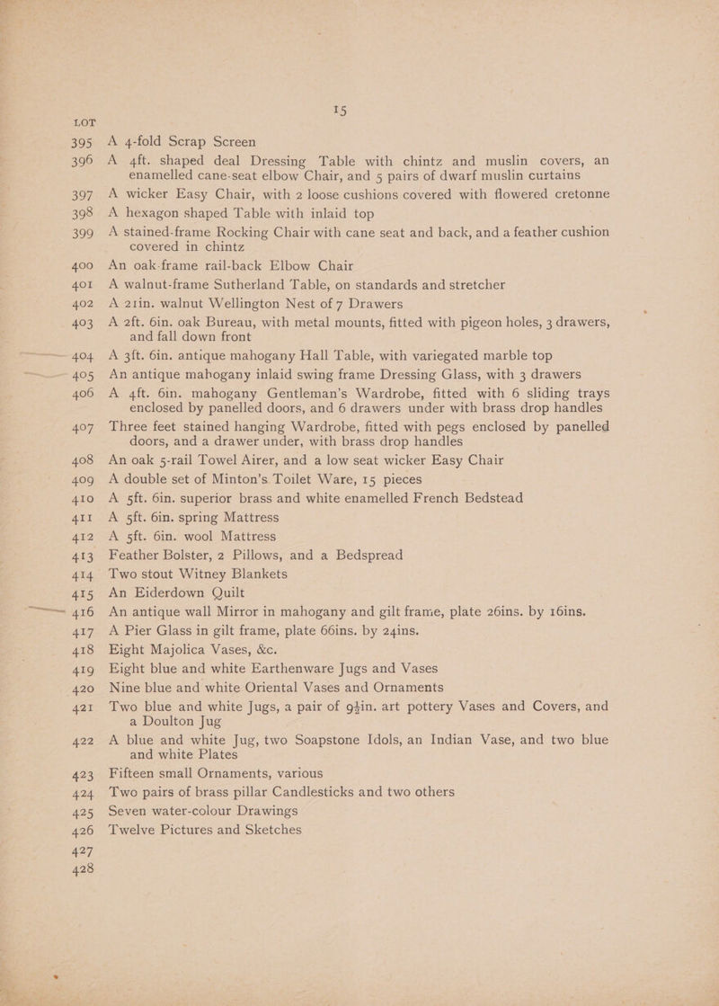 395 396 397 398 399 400 401 402 £3 404. GOD 406 407 408 ies) 410 AII 412 7 ae aS 416 fe 418 429 420 A42i 422 a3 ‘fea iao 426 427 428 15 A 4-fold Scrap Screen A 4ft. shaped deal Dressing Table with chintz and muslin covers, an enamelled cane-seat elbow Chair, and 5 pairs of dwarf muslin curtains A wicker Easy Chair, with 2 loose cushions covered with flowered cretonne A hexagon shaped Table with inlaid top A stained-frame Rocking Chair with cane seat and back, and a feather cushion covered in chintz An oak-frame rail-back Elbow Chair A walnut-frame Sutherland Table, on standards and stretcher A 21in. walnut Wellington Nest of 7 Drawers A 2ft. 6in. oak Bureau, with metal mounts, fitted with pigeon holes, 3 drawers, and fall down front A 3ft. 6in. antique mahogany Hall Table, with variegated marble top An antique mahogany inlaid swing frame Dressing Glass, with 3 drawers A 4ft. 6in. mahogany Gentleman’s Wardrobe, fitted with 6 sliding trays enclosed by panelled doors, and 6 drawers under with brass drop handles Three feet stained hanging Wardrobe, fitted with pegs enclosed by panelled doors, and a drawer under, with brass drop handles An oak 5-rail Towel Airer, and a low seat wicker Easy Chair A double set of Minton’s Toilet Ware, 15 pieces A 5ft. 6in. superior brass and white enamelled French Bedstead A 5ft. 6in. spring Mattress A 5ft. 6in. wool Mattress Feather Bolster, 2 Pillows, and a Bedspread Two stout Witney Blankets An Ejiderdown Quilt An antique wall Mirror in mahogany and gilt frame, plate 26ins. by 16ins. A Pier Glass in gilt frame, plate 66ins. by 24ins. Eight Majolica Vases, &amp;c. Eight blue and white Earthenware Jugs and Vases Nine blue and white Oriental Vases and Ornaments Two blue and white Jugs, a pair of gfin. art pottery Vases and Covers, and a Doulton Jug ) A blue and white Jug, two Soapstone Idols, an Indian Vase, and two blue and white Plates Fifteen small Ornaments, various Two pairs of brass pillar Candlesticks and two others Seven water-colour Drawings Twelve Pictures and Sketches