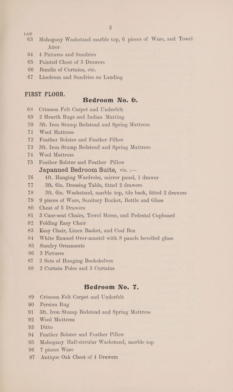 LOT 63 Mahogany Washstand marble top, 6 pieces of Ware, and Towel Airer 64 4 Pictures and Sundries 65 Painted Chest of 5 Drawers 66 Bundle of Curtains, etc. 67 Linoleum and Sundries on Landing FIRST FLOOR. Bedroom No. G. 68 Crimson Felt Carpet and Underfelt 69 2 Hearth Rugs and Indian Matting 70 3ft. Iron Stump Bedstead and Spring Mattress 71 Wool Mattress 72 Feather Bolster and Feather Pillow 73 3ft. Iron Stump Bedstead and Spring Mattress 74. Wool Mattress 75 Feather Bolster and Feather Pillow Japanned Bedroom Suite, viz. :— 76 4ft. Hanging Wardrobe, mirror panel, 1 drawer 4 3ft. 6in. Dressing Table, fitted 2 drawers 78 3ft. 6in. Washstand, marble top, tile back, fitted 2 drawers 79 9 pieces of Ware, Sanitary Bucket, Bottle and Glass 80 Chest of 5 Drawers 81 3 Cane-seat Chairs, Towel Horse, and Pedestal Cupboard 82 Folding Easy Chair 83 Easy Chair, Linen Basket, and Coal Box 84 White Enamel Over-mantel with 8 panels bevelled glass 85 Sundry Ornaments 86 3 Pictures 87 2 Sets of Hanging Bookshelves 88 2 Curtain Poles and 3 Curtains Bedroom No. 7%. 89 Crimson Felt Carpet and Underfelt 90 Persian Rug 91 3ft. Iron Stump Bedstead and Spring Mattress 92 Wool Mattress 93 Ditto 94 Feather Bolster and Feather Pillow 95 Mahogany Half-circular Washstand, marble top 96 7 pieces Ware 97 Antique Oak Chest of 4 Drawers