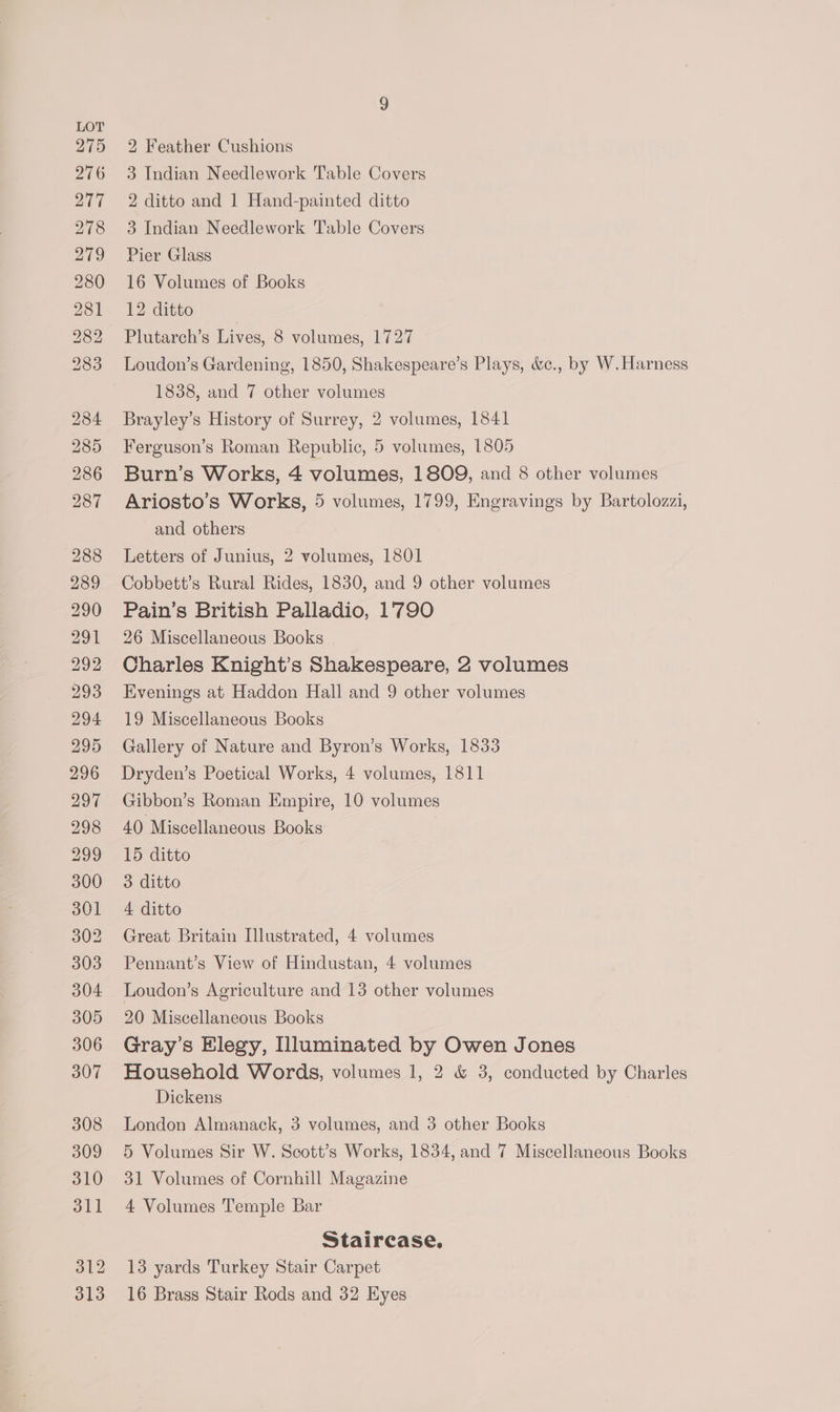 2 Feather Cushions 3 Indian Needlework Table Covers 2 ditto and 1 Hand-painted ditto 3 Indian Needlework Table Covers Pier Glass 16 Volumes of Books 12 ditto Plutarch’s Lives, 8 volumes, 1727 Loudon’s Gardening, 1850, Shakespeare’s Plays, &amp;c., by W.Harness 1838, and 7 other volumes Brayley’s History of Surrey, 2 volumes, 1841 Ferguson’s Roman Republic, 5 volumes, 1805 Burn’s Works, 4 volumes, 1809, and 8 other volumes Ariosto’s Works, 5 volumes, 1799, Engravings by Bartolozzi, and others Letters of Junius, 2 volumes, 1801 Cobbett’s Rural Rides, 1830, and 9 other volumes Pain’s British Palladio, 1790 26 Miscellaneous Books Charles Knight’s Shakespeare, 2 volumes Evenings at Haddon Hall and 9 other volumes 19 Miscellaneous Books Gallery of Nature and Byron’s Works, 1833 Dryden’s Poetical Works, 4 volumes, 1811 Gibbon’s Roman Empire, 10 volumes 40 Miscellaneous Books 15 ditto 3 ditto 4 ditto Great Britain Illustrated, 4 volumes Pennant’s View of Hindustan, 4 volumes Loudon’s Agriculture and 13 other volumes 20 Miscellaneous Books Gray’s Elegy, Dluminated by Owen Jones Household Words, volumes 1, 2 &amp; 3, conducted by Charles Dickens London Almanack, 3 volumes, and 3 other Books 5 Volumes Sir W. Scott’s Works, 1834, and 7 Miscellaneous Books 31 Volumes of Cornhill Magazine 4 Volumes Temple Bar Staircase. 13 yards Turkey Stair Carpet 16 Brass Stair Rods and 32 EHyes