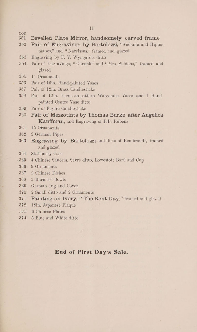 351 352 393 354 355 356 307 358 309 360 361 362 363 364 365 366 367 368 369 370 atl 372 373 374 11 Bevelled Plate Mirror, handsomely carved frame Pair of Engravings by Bartolozzi, ‘“‘Andanta and Hippo- manes,” and “ Narcissus,” framed and glazed Engraving by F. V. Wyngarde, ditto Pair of Engravings, “ Garrick” and ‘“ Mrs, Siddons,” framed and glazed 14 Ornaments Pair of 16in, Hand-painted Vases Pair of 12in. Brass Candlesticks Pair of 12in. Ktruscan-pattern Watcombe Vases aud 1 Hand- painted Centre Vase ditto Pair of Figure Candlesticks Pair of Mezzotints by Thomas Burke after Angelica Kauffman, and Engraving of P.P. Rubens 15 Ornaments 2 German Pipes Engraving by Bartolozzi and ditto of Rembrandt, framed and glazed Stationery Case 4 Chinese Saucers, Sevre ditto, Lowestoft Bowl and Cup 9 Ornaments 2 Chinese Dishes 3 Burmese Bowls German Jug and Cover 2 Small ditto and 2 Ornaments Painting on Ivory, ‘‘ The Rent Day,” framed and glazed 18in. Japanese Plaque 6 Chinese Plates 5 Blue and White ditto End of First Day’s Sale.