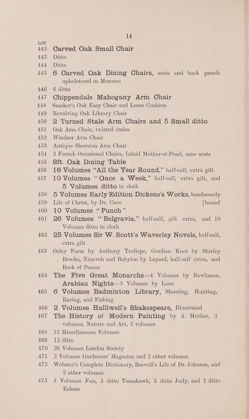 464 465 466 467 468 469 470 ATI 472 473 14 Carved Oak Small Chair Ditto Ditto 6 Carved Oak Dining Chairs, seats and back panels upholstered in Morocco 6 ditto Chippendale Mahogany Arm Chair Smoker’s Oak Easy Chair and Loose Cushion Revolving Oak Library Chair 2 Turned Stale Arm Chairs and 5 Small ditto Oak Arm Chair, twisted stales Windsor Arm Chair Antique Sheraton Arm Chair 2 French Occasional Chairs, Inlaid Mother-of-Pearl, cane seats 8ft. Oak Dining Table 16 Volumes “All the Year Round,” half-calf, extra gilt 10 Volumes ‘‘Once a Week,” half-calf, extra gilt, and 5 Volumes ditto in cloth 5 Volumes Early Edition Dickens’s Works, handsomely Life of Christ, by Dr. Cave [bound 10 Volumes ‘‘ Punch” 26 Volumes “ Belgravia,” half-calf, gilt extra, and 10 Volumes ditto in cloth 25 Volumes Sir W. Scott's Waverley Novels, half-calf, extra gilt Orley Farm by Anthony Trollope, Gordian Knot by Shirley Brooks, Nineveh and Babylon by Layard, half-calf extra, and Book of Poems The Five Great Monarchs—4 Volumes by Rawlinson, Arabian Nights—3 Volumes by Lane 6 Volumes Badminton Library, Shooting, Hunting, Racing, and Fishing 2 Volumes Halliwell’s Shakespeare, Illustrated The History of Modern Painting by A. Muther, 3 volumes, Nature and Art, 2 volumes 12 Miscellaneous Volumes 12 ditto 26 Volumes London Society 2 Volumes Gardeners’ Magazine and 2 other volumes Webster’s Complete Dictionary, Boswell’s Life of Dr. Johnson, and 2 other volumes 3 Volumes Fun, 2 ditto Tomahawk, 5 ditto Judy, and 1 ditto Echoes