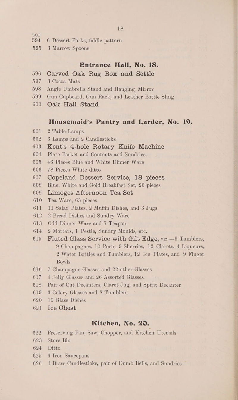 6 Dessert Forks, fiddle pattern 3 Marrow Spoons Entrance Hall, No. 18. Carved Oak Rug Box and Settle 3 Cocoa Mats Angle Umbrella Stand and Hanging Mirror Gun Cupboard, Gun Rack, and Leather Bottle Sling Oak Hall Stand Housemaid’s Pantry and Larder, No. 19. 2 Table Lamps 3 Lamps and 2 Candlesticks Kent’s 4-hole Rotary Knife Machine Plate Basket and Contents and Sundries 46 Pieces Blue and White Dinner Ware 78 Pieces White ditto Copeland Dessert Service, 18 pieces Blue, White and Gold Breakfast Set, 26 pieces Limoges Afternoon Tea Set Tea Ware, 63 pieces 11 Salad Plates, 2 Muffin Dishes, and 3 Jugs 2 Bread Dishes and Sundry Ware Odd Dinner Ware and 7 Teapots 2 Mortars, 1 Pestle, Sundry Moulds, ete. Fluted Glass Service with Gilt Edge, viz.—9 Tumblers, 9 Champagnes, 10 Ports, 9 Sherries, 12 Clarets, 4 Liqueurs, 2 Water Bottles and Tumblers, 12 Ice Plates, and 9 Finger Bowls 7 Champagne Glasses and 22 other Glasses 4 Jelly Glasses and 26 Assorted Glasses Pair of Cut Decanters, Claret Jug, and Spirit Decanter 3 Celery Glasses and 8 Tumblers 10 Glass Dishes Ice Chest Kitchen, No. 20. Preserving Pan, Saw, Chopper, and Kitchen Utensils Store Bin Ditto 6 Iron Saucepans 4 Brass Candlesticks, pair of Dumb Bells, and Sundries ©