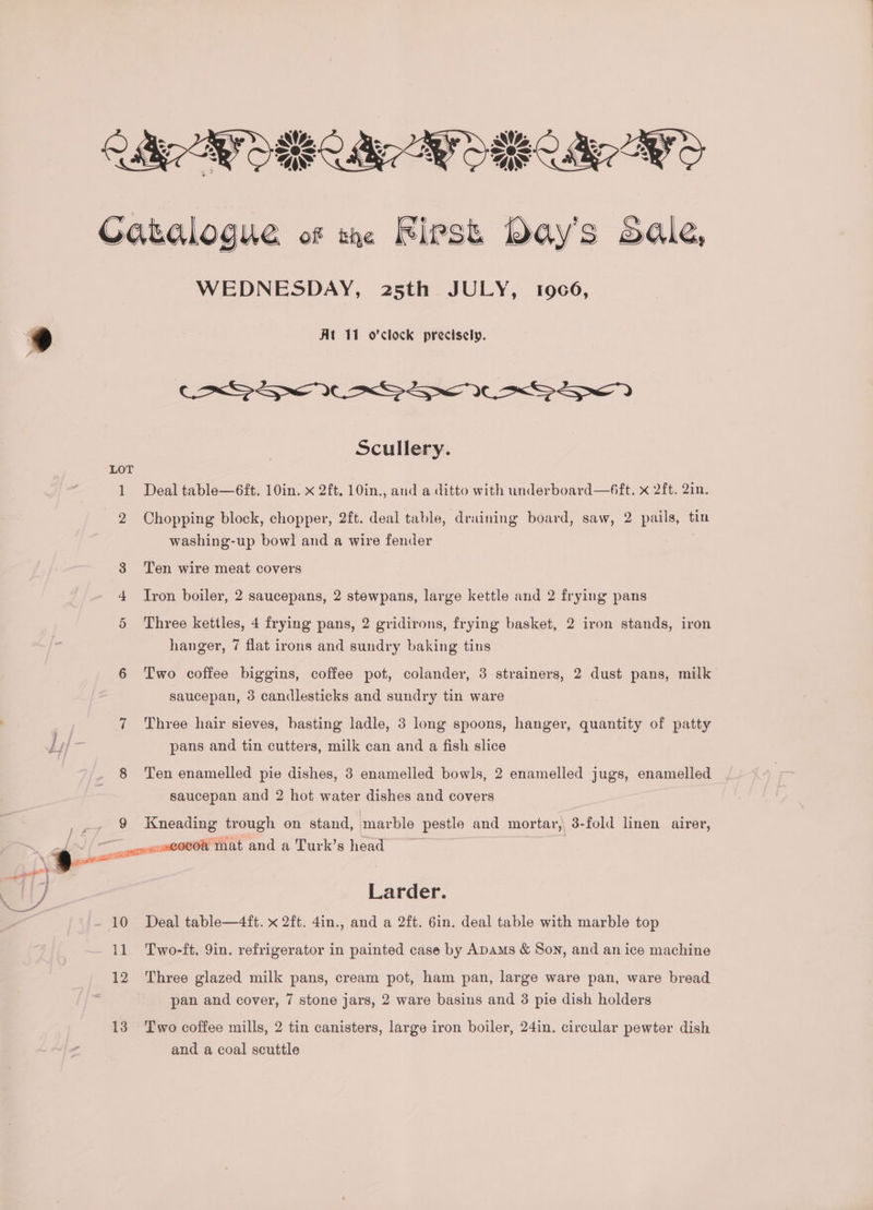 pomegpirm 9 WEDNESDAY, 25th JULY, 1966, At 11 o'clock precisely. COs 21 GUESS? Scullery. Deal table—6ft. 10in. x 2ft. 10in., and a ditto with underboard—6ft. x 2ft. 2in. Chopping block, chopper, 2ft. deal table, draining board, saw, 2 pails, tin washing-up bowl and a wire fender Ten wire meat covers Iron boiler, 2 saucepans, 2 stewpans, large kettle and 2 frying pans Three kettles, 4 frying pans, 2 gridirons, frying basket, 2 iron stands, iron hanger, 7 flat irons and sundry baking tins saucepan, 3 candlesticks and sundry tin ware Three hair sieves, basting ladle, 3 long spoons, hanger, quantity of patty pans and tin cutters, milk can and a fish slice Ten enamelled pie dishes, 3 enamelled bowls, 2 enamelled jugs, enamelled saucepan and 2 hot water dishes and covers Kneading trough on stand, marble pestle and mortar, 3-fold linen airer, Larder. Deal table—4ft. x 2ft. 4in., and a 2ft. 6in. deal table with marble top Two-ft. 9in. refrigerator in painted case by ApAMs &amp; Son, and an ice machine Three glazed milk pans, cream pot, ham pan, large ware pan, ware bread pan and cover, 7 stone jars, 2 ware basins and 3 pie dish holders Two coffee mills, 2 tin canisters, large iron boiler, 24in. circular pewter dish and a coal scuttle