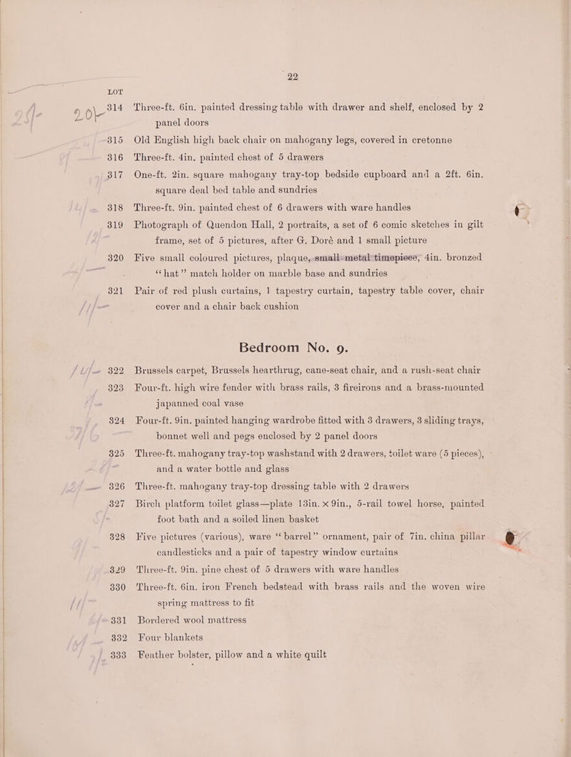 328 329 330 331 332 300 22 Three-ft. 6in. painted dressing table with drawer and shelf, enclosed by 2 panel doors Old English high back chair on mahogany legs, covered in cretonne Three-ft. 4in. painted chest of 5 drawers One-ft. 2in. square mahogany tray-top bedside cupboard and a 2ft. 6in. square deal bed table and sundries Three-ft. 9in. painted chest of 6 drawers with ware handles Photograph of Quendon Hall, 2 portraits, a set of 6 comic sketches in gilt frame, set of 5 pictures, after G. Doré and 1 small picture Five small coloured pictures, plaque, small»metal*timepiece, 4in. bronzed ‘Chat’? match holder on marble base and sundries Pair of red plush curtains, 1 tapestry curtain, tapestry table cover, chair cover and a chair back cushion Bedroom No. 9g. Brussels carpet, Brussels hearthrug, cane-seat chair, and a rush-seat chair Four-ft. high wire fender with brass rails, 3 fireirons and a brass-mounted japanned coal vase Four-ft. 9in. painted hanging wardrobe fitted with 3 drawers, 3 sliding trays, bonnet well and pegs enclosed by 2 panel doors and a water bottle and glass Three-ft. mahogany tray-top dressing table with 2 drawers Birch platform toilet glass—plate 13in. x 9in., 5-rail towel horse, painted foot bath and a soiled linen basket Five pictures (various), ware ‘‘ barrel” ornament, pair of 7in. china pillar candlesticks and a pair of tapestry window curtains Three-ft. 9in. pine chest of 5 drawers with ware handles Three-ft. 6in. iron French bedstead with brass rails and the woven wire spring mattress to fit Bordered wool mattress Four blankets Feather bolster, pillow and a white quilt @ We