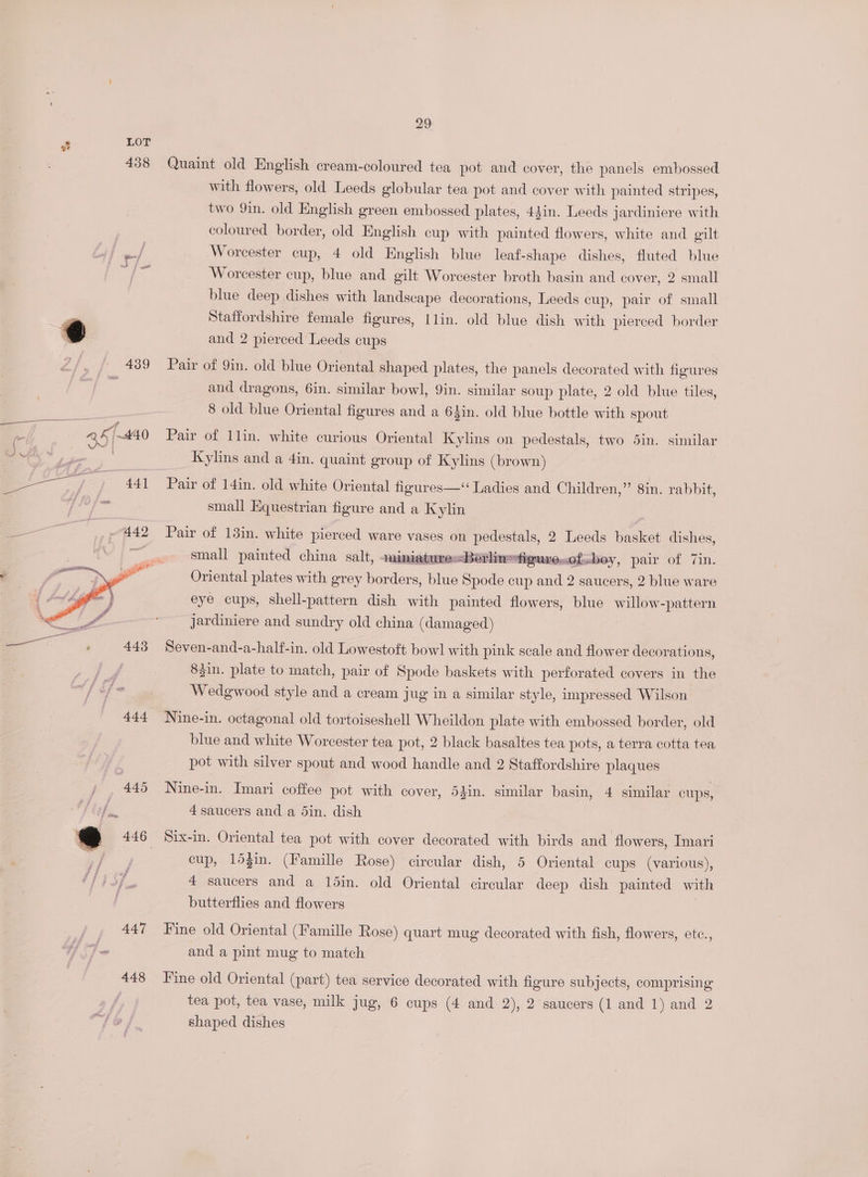 « LOT 439 448 29 Quaint old English cream-coloured tea pot and cover, the panels embossed with flowers, old Leeds globular tea pot and cover with painted stripes, two 9in. old English green embossed plates, 43in. Leeds jardiniere with coloured border, old English cup with painted flowers, white and alt Worcester cup, 4 old English blue leaf-shape dishes, fluted blue Worcester cup, blue and gilt Worcester broth basin and cover, 2 small blue deep dishes with landscape decorations, Leeds cup, pair of small Staffordshire female figures, Llin. old blue dish with pierced border and 2 pierced Leeds cups Pair of 9in. old blue Oriental shaped plates, the panels decorated with figures and dragons, 6in. similar bowl, 9in. similar soup plate, 2 old blue tiles, 8 old blue Oriental figures and a 64in. old blue bottle with spout Pair of 1lin. white curious Oriental Kylins on pedestals, two 5in. similar Kylins and a 4in. quaint group of Kylins (brown) Pair of 14in. old white Oriental figures—“ Ladies and Children,” 8in. rabbit, small Equestrian figure and a Kylin Pair of 13in. white pierced ware vases on pedestals, 2 Leeds basket dishes, small painted china salt, «iniature-Bérlinefieure wOiwbey, pair of 7in. Oriental plates with grey borders, blue Spode cup and 2 saucers, 2 blue ware eye cups, shell-pattern dish with painted flowers, blue willow-pattern jardiniere and sundry old china (damaged) Seven-and-a-half-in. old Lowestoft bowl with pink scale and flower decorations, 83in. plate to match, pair of Spode baskets with perforated covers in the Wedgwood style and a cream jug in a similar style, impressed Wilson Nine-in. octagonal old tortoiseshell Wheildon plate with embossed border, old blue and white Worcester tea pot, 2 black basaltes tea pots, a terra cotta tea pot with silver spout and wood handle and 2 Staffordshire plaques Nine-in. Imari coffee pot with cover, 54in. similar basin, 4 similar cups, 4 saucers and a 5in. dish Six-in. Oriental tea pot with cover decorated with birds and flowers, Imari cup, 15$in. (Famille Rose) circular dish, 5 Oriental cups (various), 4 saucers and a 15in. old Oriental circular deep dish painted with butterflies and flowers | Fine old Oriental (Famille Rose) quart mug decorated with fish, flowers, ete., and a pint mug to match Fine old Oriental (part) tea service decorated with figure subjects, comprising tea pot, tea vase, milk jug, 6 cups (4 and 2), 2 saucers (1 and 1) and 2 shaped dishes