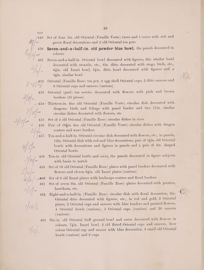 LOY 449 450 451 463 30 Set of four 5in. old Oriental (Famille Verte) vases and 1 cover with red and ereen floral decorations and 2 old Oriental tea pots Seven-and-a-half-in. old powder blue bowl, the panels decorated in colours Seven-and-a-half-in. Oriental bowl decorated with figures, 6in. similar bowl decorated with utensils, etc., 6in. ditto decorated with stags, birds, etc., 63in. old Imari bowl, 53in. ditto bowl decorated with figures and a 43in. similar bowl Oriental (Famille Rose) tea pot, 4 egg shell Oriental cups, 2 ditto saucers and 6 Oriental cups and saucers (various) Oriental (part) tea service decorated with flowers with pink and brown borders (35 pieces) dragons, birds and foliage with panel border and two 11in. similar circular dishes decorated with flowers, ete. Set of 4 old Oriental (Famille Rose) circular dishes in sizes Pair of 10}in. fine old Oriental (Famille Verte) circular dishes with dragon centres and wave borders Ten-and-a-half-in. Oriental circular dish decorated with flowers, etc., in panels, 12in. Oriental dish with red and blue decorations, pair of 53in. old Oriental bowls with decorations and figures in panels and a pair of 4in. shaped Oriental bowls Ten-in. old Oriental bottle and cover, the panels decorated in figure subjects with basin to match Set of 10 old Oriental (Famille Rose) plates with panel borders decorated with flowers and eleven 84in. old Imari plates (various) Set of 6 old Imari plates with landscape centres and floral borders Set of seven 9in. old Oriental (Famille Rose) plates decorated with peonies, hawthorn, etc. Kight-and-a-half-in. (Famille Rose) circular dish with floral decoration, 9in. Oriental ditto decorated with figures, ete., in red and gold, 2 Oriental plates, 2 Oriental cups and saucers with blue borders and painted flowers, 4 Oriental bowls (various), 5 Oriental cups (various) and 20 saucers (various) Six-in. old Oriental buff ground bowl and cover decorated with flowers in colours, 7$in. Imari bowl, 2 old fluted Oriental cups and saucers, liver colour Oriental cup and saucer with blue decoration, 4 small old Oriental