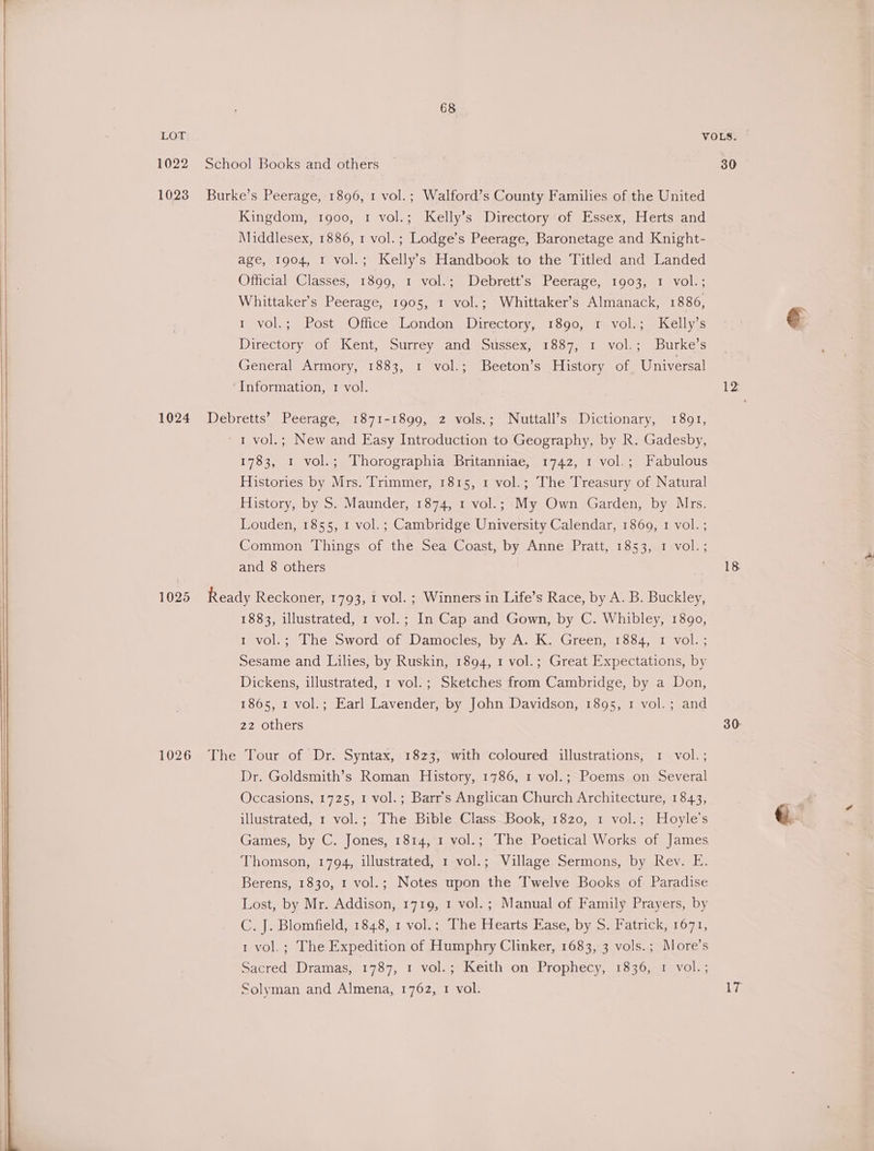 1022 School Books and others 1023 Burke’s Peerage, 1896, 1 vol.; Walford’s County Families of the United Kingdom, 1900, 1 vol.; Kelly’s Directory'of Essex, Herts and Middlesex, 1886, 1 vol.; Lodge’s Peerage, Baronetage and Knight- age, 1904, 1 vol.; Kelly’s Handbook to the Titled and Landed Official Classes, 1899, 1 vol.; Debrett's Peerage, 1903, 1 vol.; Whittaker’s Peerage, 1905, 1 vol.; Whittaker’s Almanack, 1886, i vol.; Rost Office. London, Directory, 1890, 1 vole; 1 Kéllyis Directory of Kent, Surrey and Sussex, 1887, 1 vol.; Burke’s General Armory, 1883, 1 vol.; Beeton’s History of Universal ‘Information, 1 vol. 1024 Debretts’ Peerage, 1871-1899, z vols.; Nuttall’s Dictionary, 1891, - 1 vol.; New and Easy Introduction to Geography, by R. Gadesby, 1783, 1 vol.; Thorographia Britanniae, 1742, 1 vol.; Fabulous Histories by Mrs. Trimmer, 1815, 1 vol.; The Treasury of Natural History, by S$. Maunder, 1874, 1 vol.; My Own Garden, by Mrs. Louden, 1855, 1 vol. ; Cambridge University Calendar, 1869, 1 vol. ; Common Things of the Sea Coast, by Anne Pratt, 1853, 1 vol.; and 8 others 1025 Ready Reckoner, 1793, 1 vol. ; Winners in Life’s Race, by A. B. Buckley, 1883, illustrated, 1 vol.; In Cap and Gown, by C. Whibley, 1890, 1 vol.; The Sword of Damocles, by A. K. Green, 1884, 1 vol. ; Sesame and Liles, by Ruskin, 1894, 1 vol.; Great Expectations, by Dickens, illustrated, 1 vol.; Sketches from Cambridge, by a Don, 1865, 1 vol.; Earl Lavender, by John Davidson, 1895, 1 vol. ; and 22 others 1026 The Tour of Dr. Syntax, 1823, with coloured illustrations, 1 vol.; Dr. Goldsmith’s Roman History, 1786, 1 vol.; Poems on Several Occasions, 1725, 1 vol.; Barr's Anglican Church Architecture, 1843, illustrated, 1 vol.; The Bible. Class—Book, 1820, 1 vol.; Hoyle’s Games, by C. Jones, 1814,'1 vol.; The Poetical Works of James Thomson, 1794, illustrated, 1 vol.; Village Sermons, by Rev. E. Berens, 1830, 1 vol.; Notes upon the Twelve Books of Paradise Lost, by Mr. Addison, 1719, 1 vol. ; Manual of Family Prayers, by C. J. Blomfield, 1848, 1 vol.; The Hearts Ease, by S. Fatrick, 1671, 1 vol.; The Expedition of Humphry Clinker, 1683, 3 vols.; More’s Sacred Dramas, 1787, 1 vol. ; Keith on Prophecy, 1836, 1 vol.; Solyman and Almena, 1762, 1 vol. 30 Pe 18 30: 17