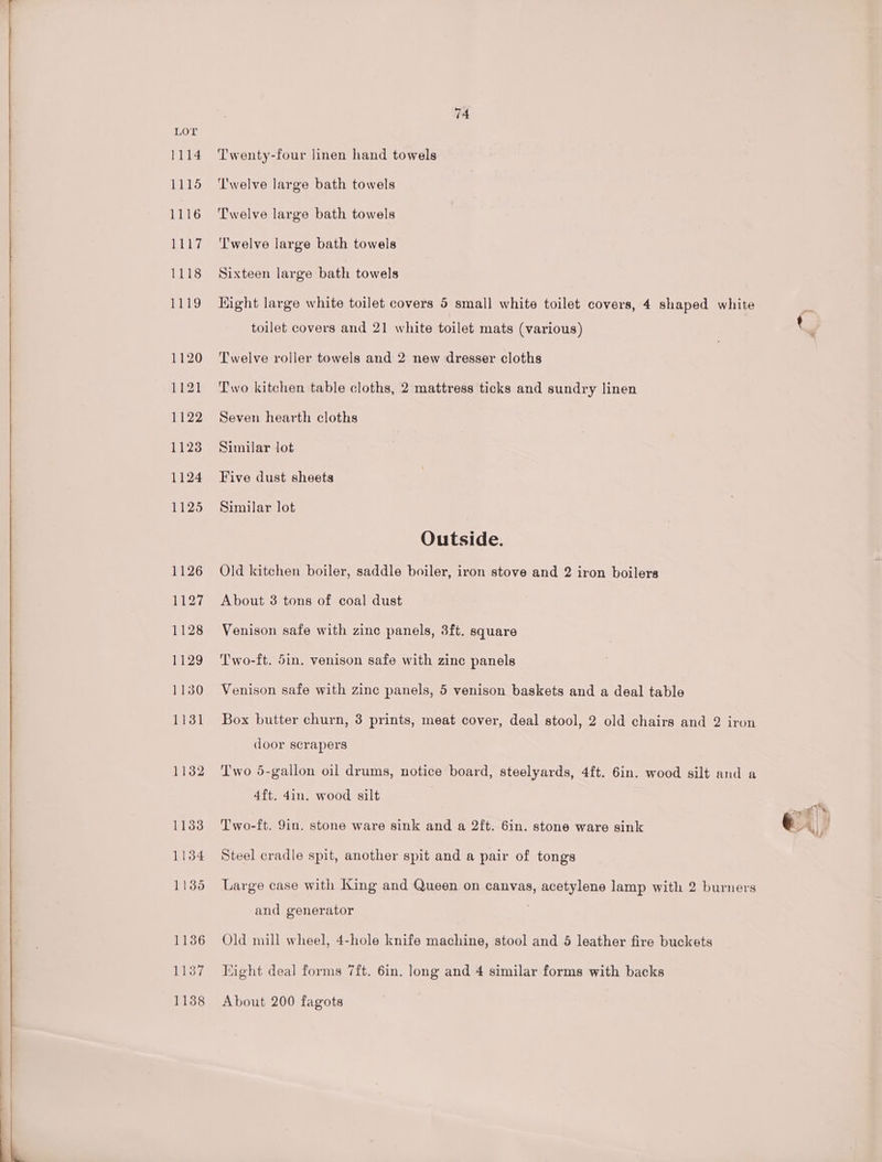 Twenty-four linen hand towels Twelve large bath towels Twelve large bath towels T'welve large bath towels Sixteen large bath towels Hight large white toilet covers 5 small white toilet covers, 4 shaped white toilet covers and 21 white toilet mats (various) ‘ : Twelve roller towels and 2 new dresser cloths Two kitchen table cloths, 2 mattress ticks and sundry linen Seven hearth cloths Similar lot Five dust sheets Similar lot Outside. Old kitchen boiler, saddle boiler, iron stove and 2 iron boilers About 3 tons of coal dust Venison safe with zinc panels, 3ft. square Two-ft. 5in. venison safe with zinc panels Venison safe with zinc panels, 5 venison baskets and a deal table Box butter churn, 3 prints, meat cover, deal stool, 2 old chairs and 2 iron door scrapers Two 5-gallon oil drums, notice board, steelyards, 4ft. 6in. wood silt and a 4ft. 4in. wood silt —% 7S, |) Two-ft. 9in. stone ware sink and a 2ft. 6in. stone ware sink e Al} Steel cradle spit, another spit and a pair of tongs Large case with King and Queen on canvas, acetylene lamp with 2 burners and generator Old mill wheel, 4-hole knife machine, stool and 5 leather fire buckets Hight deal forms 7ft. 6in. long and 4 similar forms with backs About 200 fagots